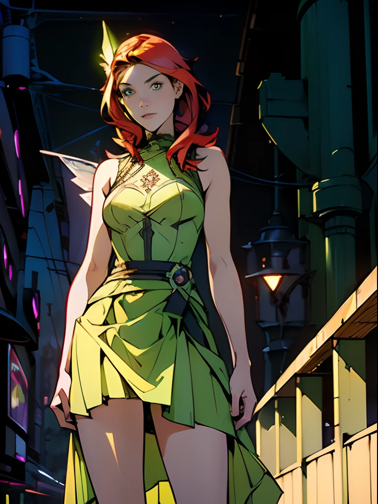 ((Best Quality)), ((Masterpiece)), ((Realistic)) 19 year old, redhead girl, shoulder length hair, relaxed happy face ((slender)) (busty), ((( light green fairy dress ))) (((tight skirt))) ((sexy )) cyberpunk attire, textured pixie haircut , 6 and a half heads full bodyt. beatiful face, handsome body.