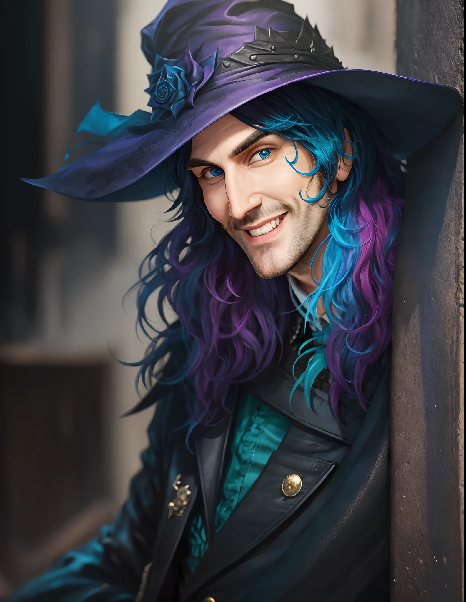 Noel Fielding , goth, blue eyes, pointy witch nose, smiling --auto --s2