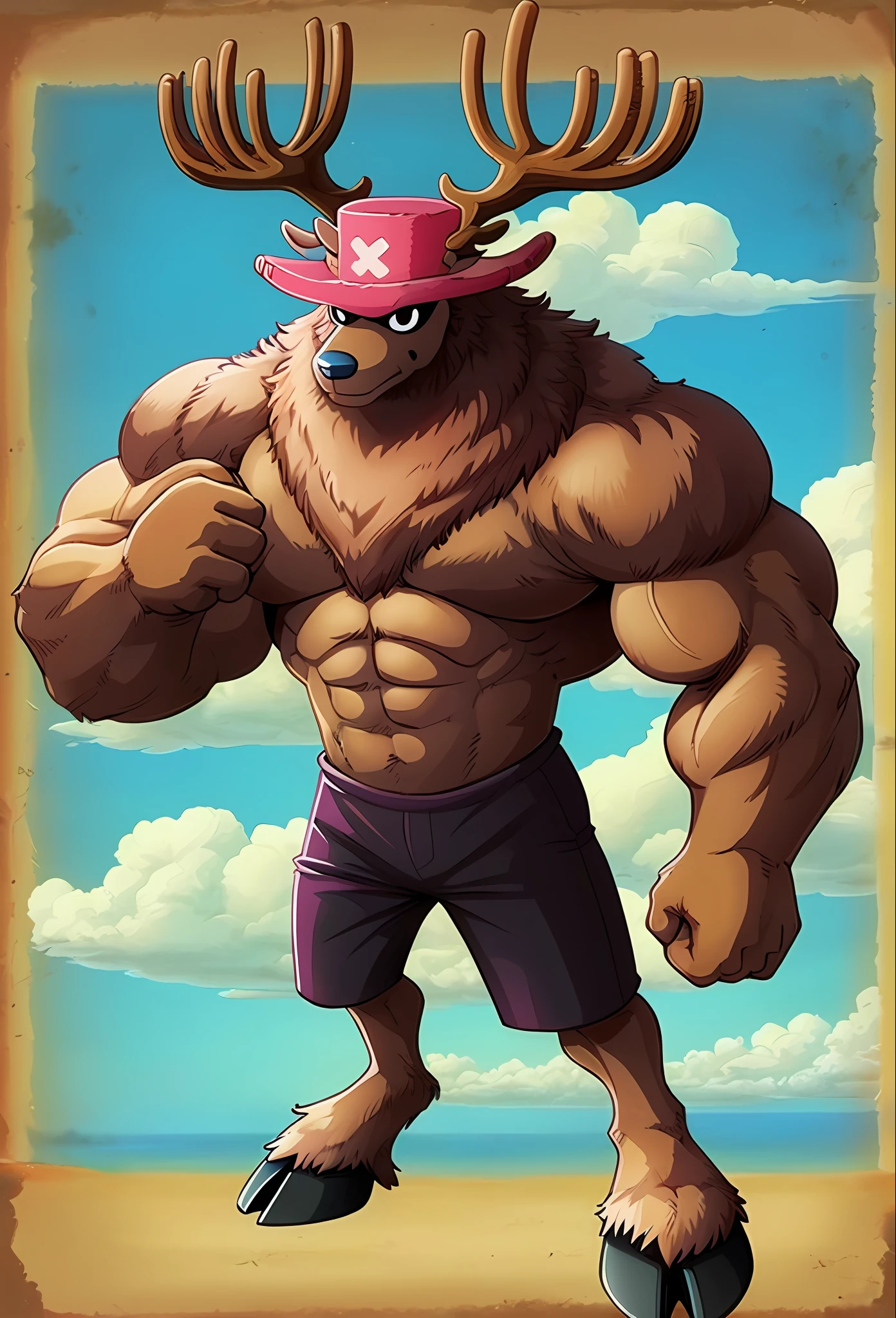 1boy, ChopperCzar, ArmPoint, (brown fur, animal ears, antlers, hooves, black eyes, Big Muscles, big biceps, big forearms, snout, fingers, fist), (hat, pink headwear, shorts, full body), (masterpiece:1.2),