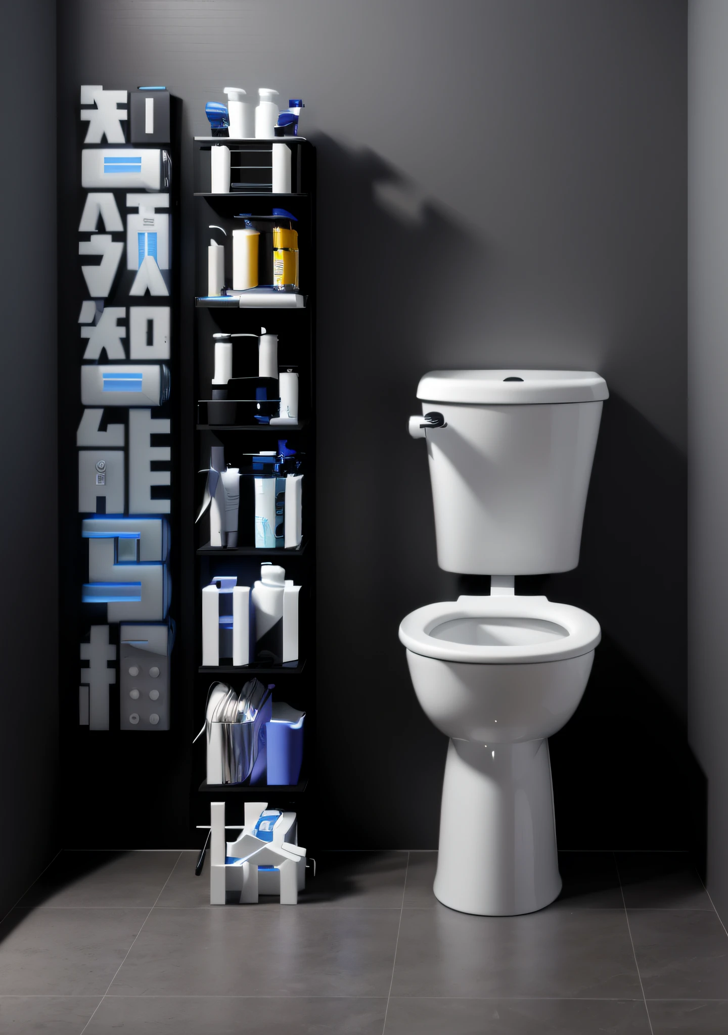 There is a toilet in the bathroom，There are shelves for cleaning supplies inside, gaming toilet, RGB Gamer toilet, gaming chair as a toilet, Product rendering, high resolution product photo, 3 d product render, Product photo, Between two chairs above the toilet, professional product photo, toilet, highly photographic render, product display photograph, commercial product photography, finalrender, product introduction photos