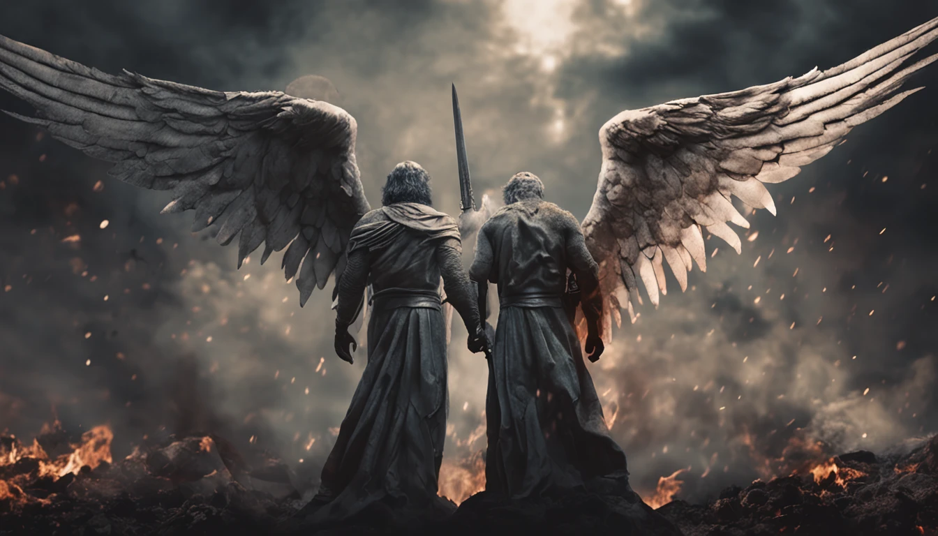 an image of an angel of God with a sword standing in hell, Anjo no inferno, arcanjo, angels vs demons, angel watching demon, angels and demons, anjo protegendo o homem, Arcanjo Miguel, O Anjo da Morte, Battle between angels and demons, anjo super largo, epic angel wings, angels protecting a praying man, necessidade humana anjo da morte. ((imagem epica)), ((alta qualidade)), 16k