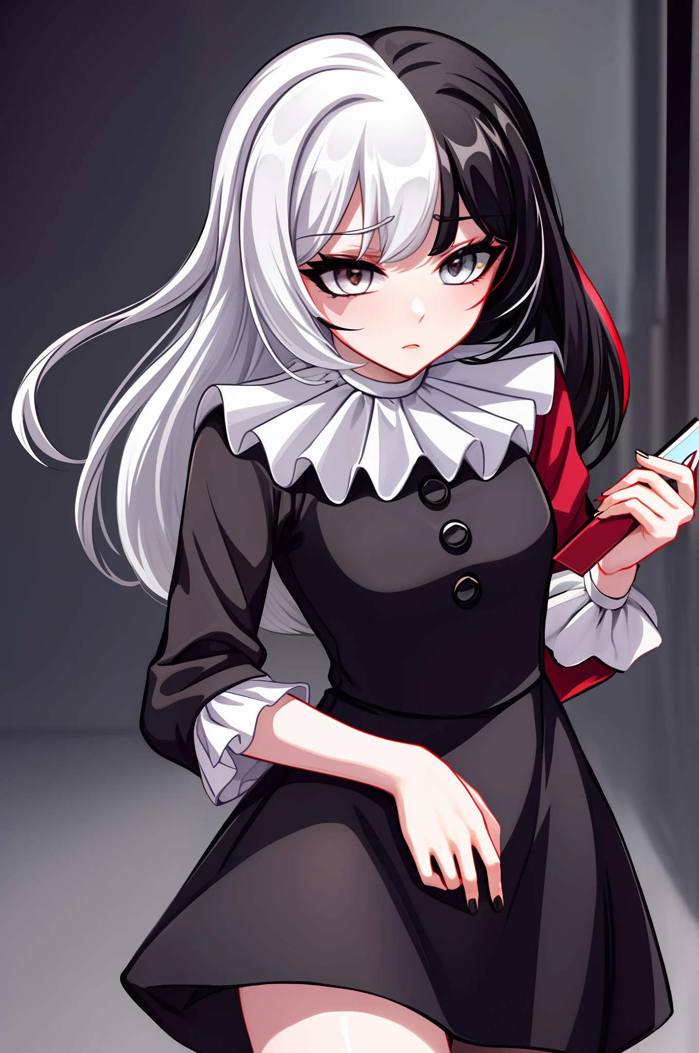 ((masterpiece, Best Quality))), Coupling, solo, a 1girl, ((white hair, black hair, multicolored hair)), long hair, black tights, Dressed, black dress, Disgruntled face, holding card
