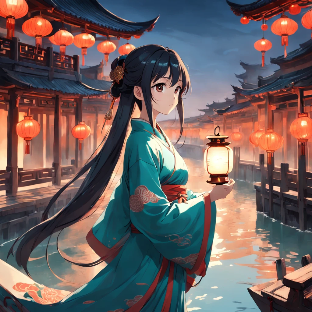 8K, best quality, masterpiece, anime style,panorama,from side,In ancient China,river,boat,Chinese Hanfu Beauty stood at boat,holding a lantern in her hand.