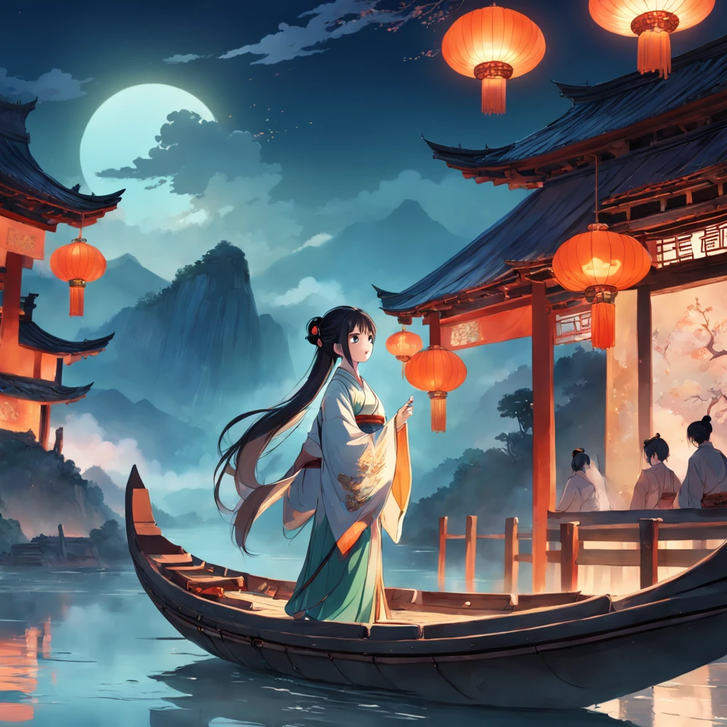 8K, best quality, masterpiece, anime style,panorama,from side,In ancient China,river,boat,Chinese Hanfu Beauty stood at boat,holding a lantern in her hand.