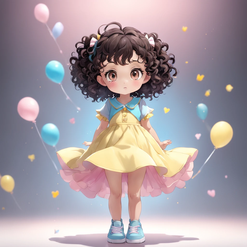 cute, disney, a baby girl, light skin, brown eyes, black curly hair, yellow pink and blue pastel color party dress, white sneakers, portrait, 3D rendering, high quality, ( plain background), (perfect hands), (full body), female, 8k