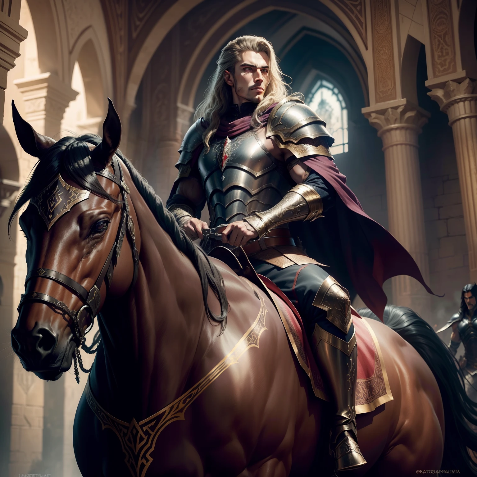 Castlevania Shadow Lord hyper realistic super detailed beautiful muscular Moroccan armor super realistic super detailed Brilliant armor battlefield eyes riding great Legendary horse super detailed