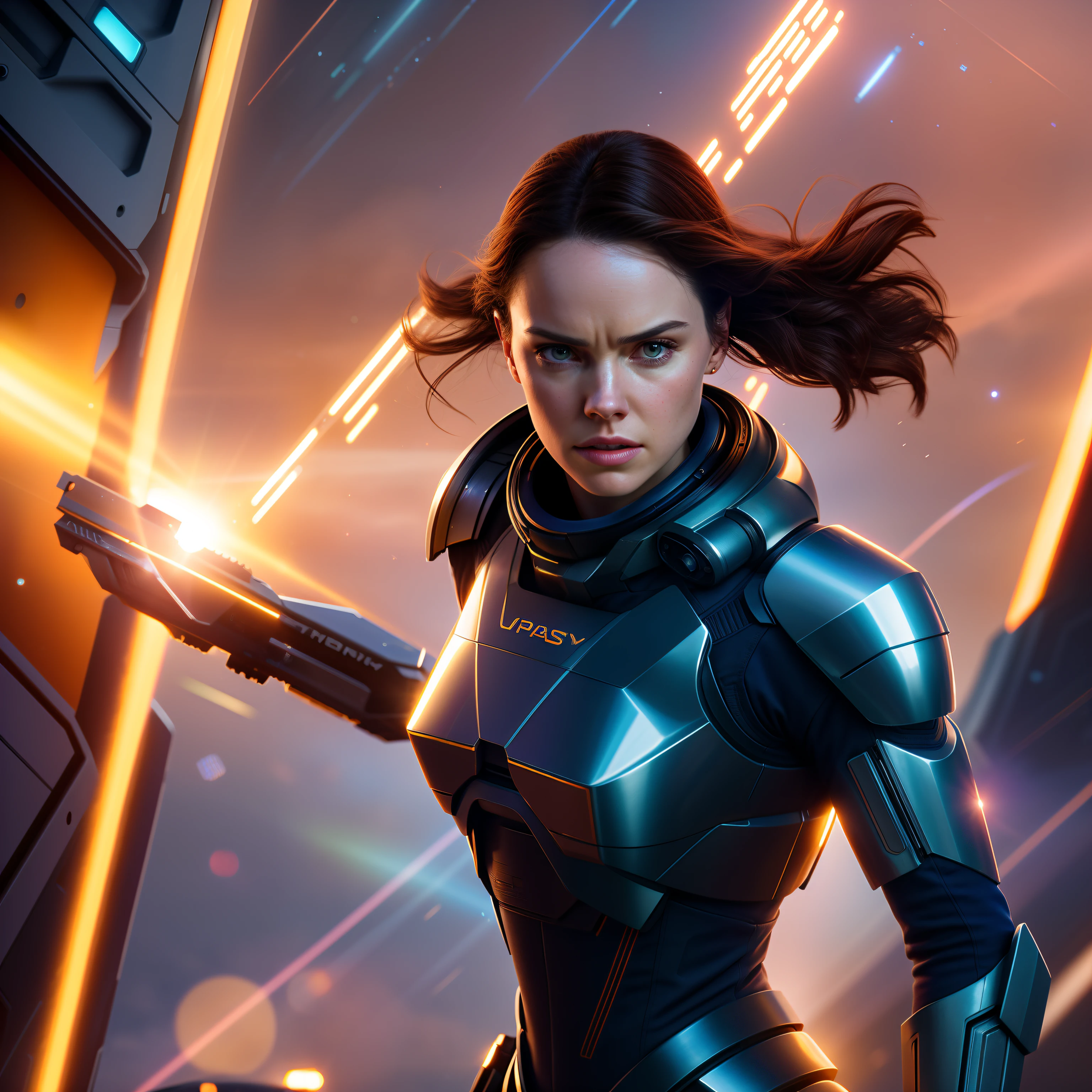 a close up action of epic Sci fi hot Daisy Ridley in a sci fi white tech suit clothes cabelos longos brancos, Detailed clothing details, Liquid effect, space, heavenly body, Interstellar battlefield photography, natural light, photorealism, cinematic rendering, ray tracing, the highest quality, the highest detail, Cinematic, Third-Person View, Blur Effect, Long Exposure, 8K, Ultra-HD, Natural Lighting, Moody Lighting, Cinematic Lighting