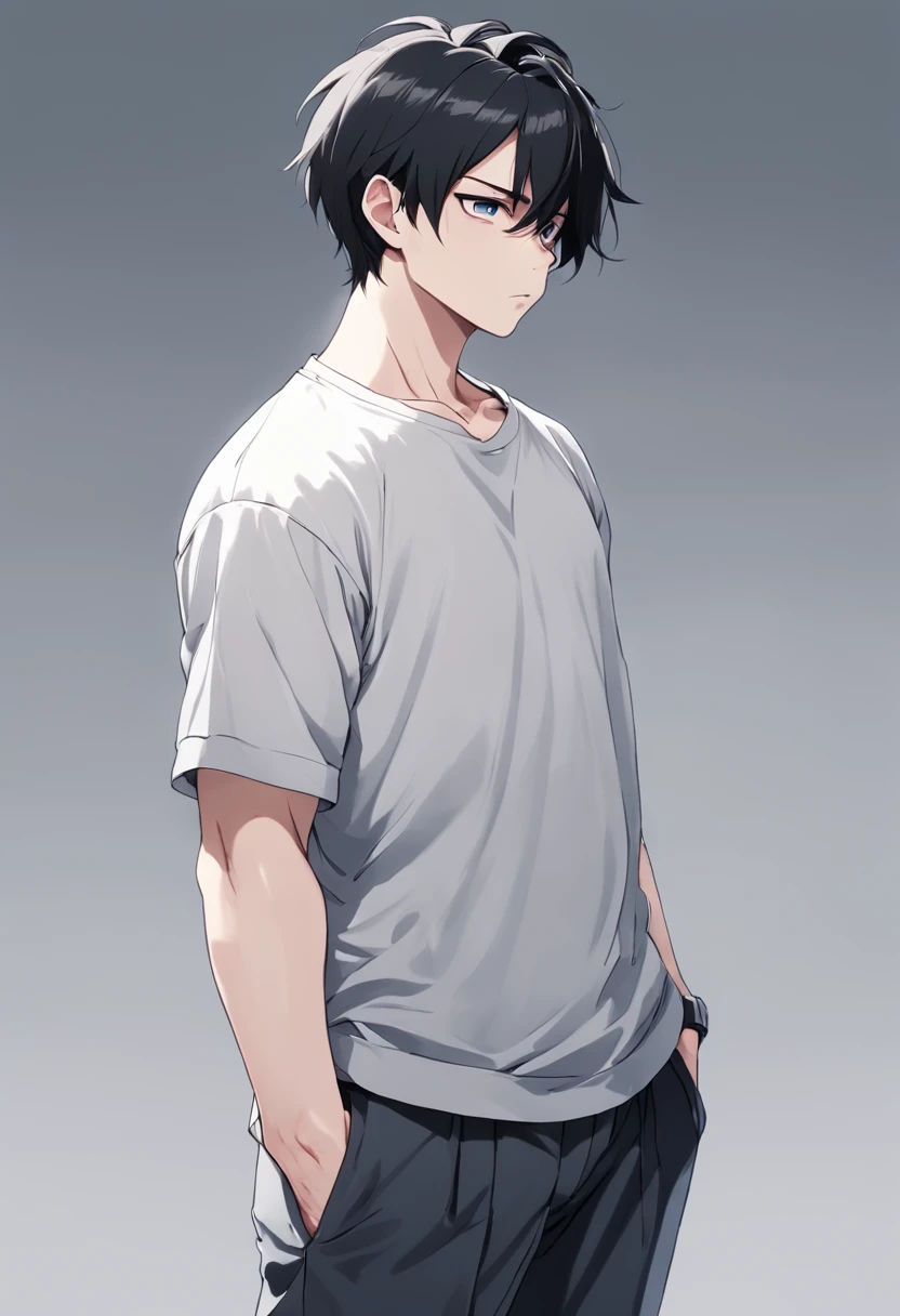 1man, 18 years old, pale white skin, fat body, Dutchman, straight black hair, cool facial expression, (nice hands), wears gray shirt, black pants, sneakers blues and whites, ((pose with body turned in profile looking at viewer)), determined facial expression, simple background