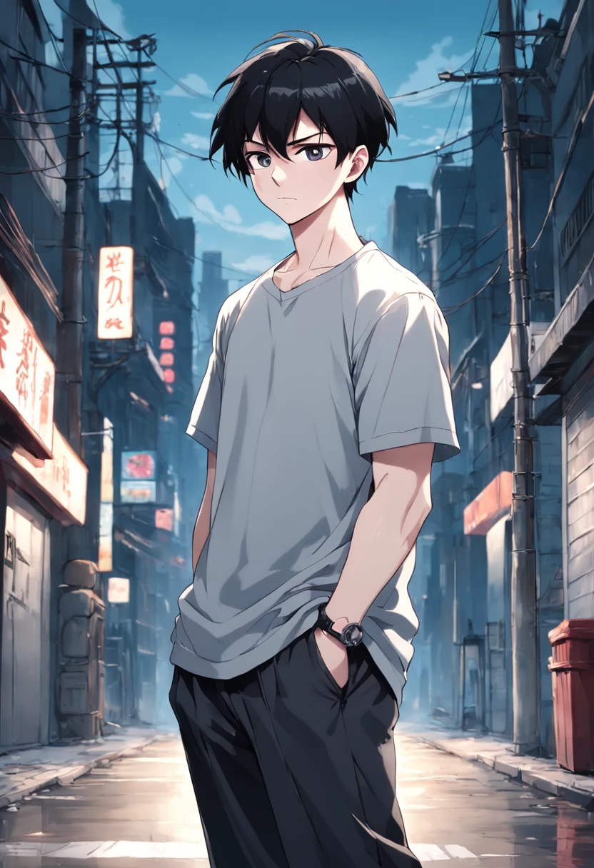 1man, 18 years old, pale white skin, fat body, Dutchman, straight black hair, cool facial expression, (nice hands), wears gray shirt, black pants, sneakers blues and whites, ((pose with body turned in profile looking at viewer)), determined facial expression, simple background