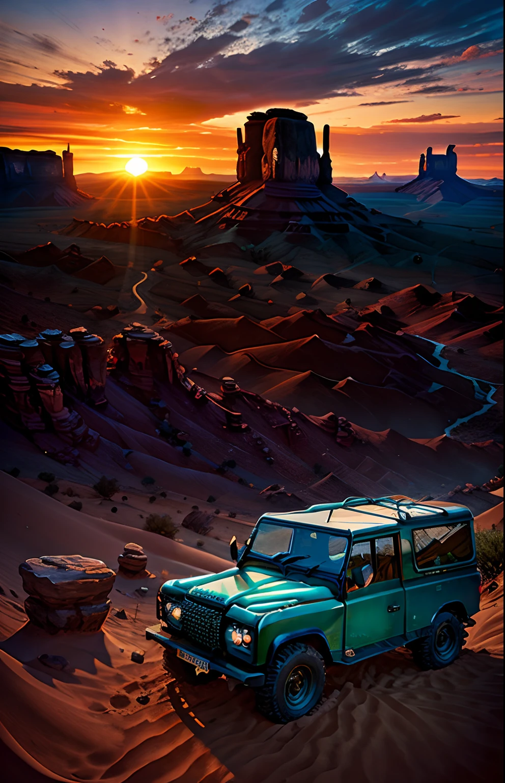 Land rover sunset monument valley