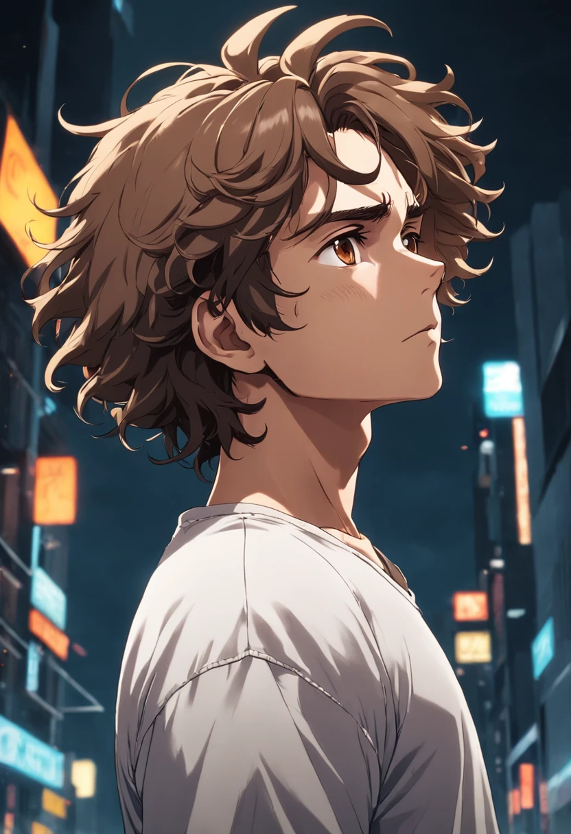 1man, 20s, strong body, latin, student, square face, tan skin, brown curly hair, (brown eyes), cool facial expression, (nice hands), usa gray shirt, jeans, white sneakers [pose with body turned in profile looking at viewer], determined facial expression, simple backgroun