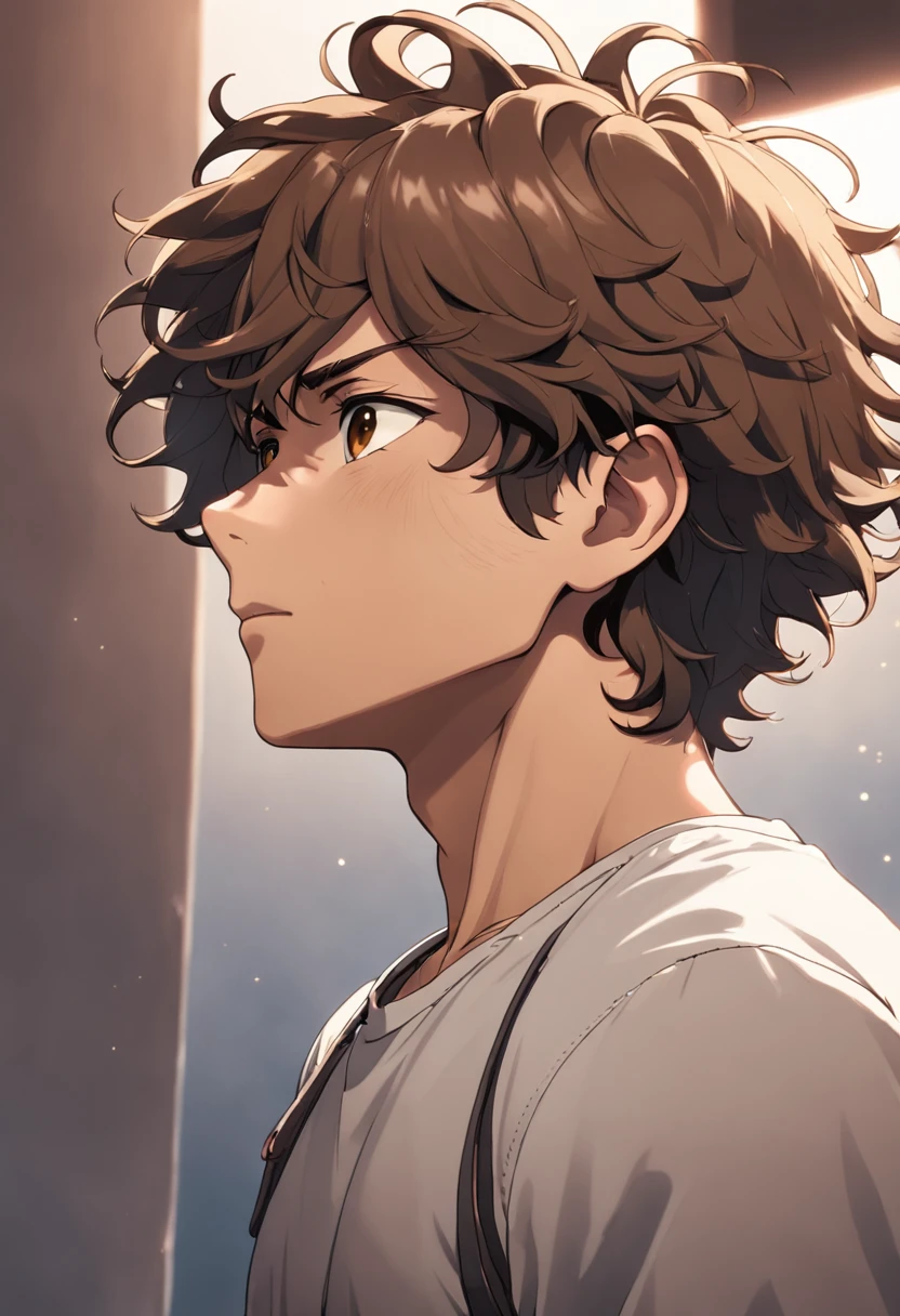 1man, 20s, strong body, latin, student, square face, tan skin, brown curly hair, (brown eyes), cool facial expression, (nice hands), usa gray shirt, jeans, white sneakers [pose with body turned in profile looking at viewer], determined facial expression, simple backgroun