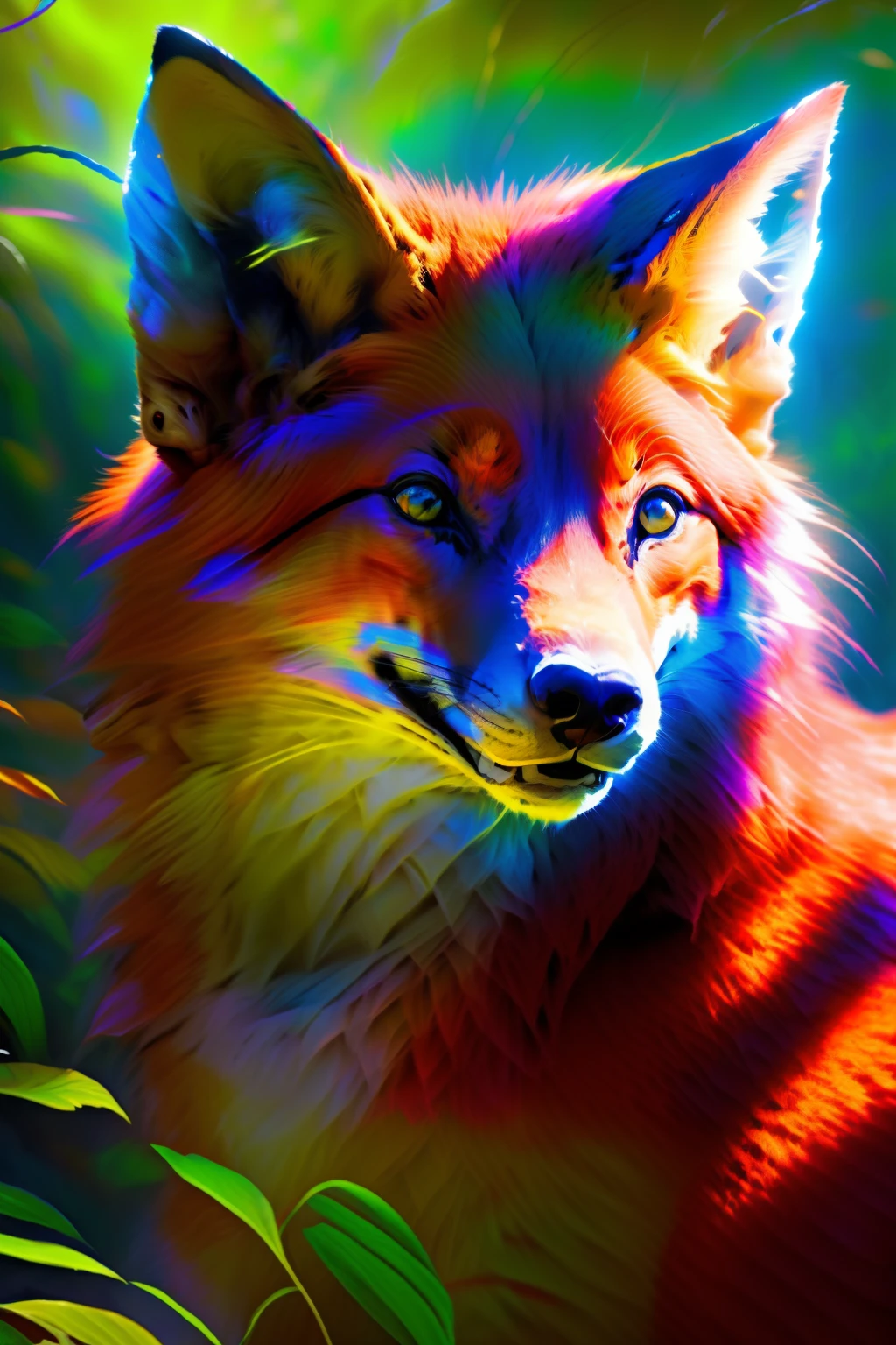 Raposa antropomorphic realista de cores vivas iriscente com olhos brilhantes e cauda brilhante, ultra realistic antropomorph ethereal fox, raposa digital iriscente, arte de fantasia digital colorida, arte digital luminescente, Arte digital altamente detalhada em 4k, 8k arte impressionante, Arte bonita UHD 4K, Arte digital detalhada em 4k,