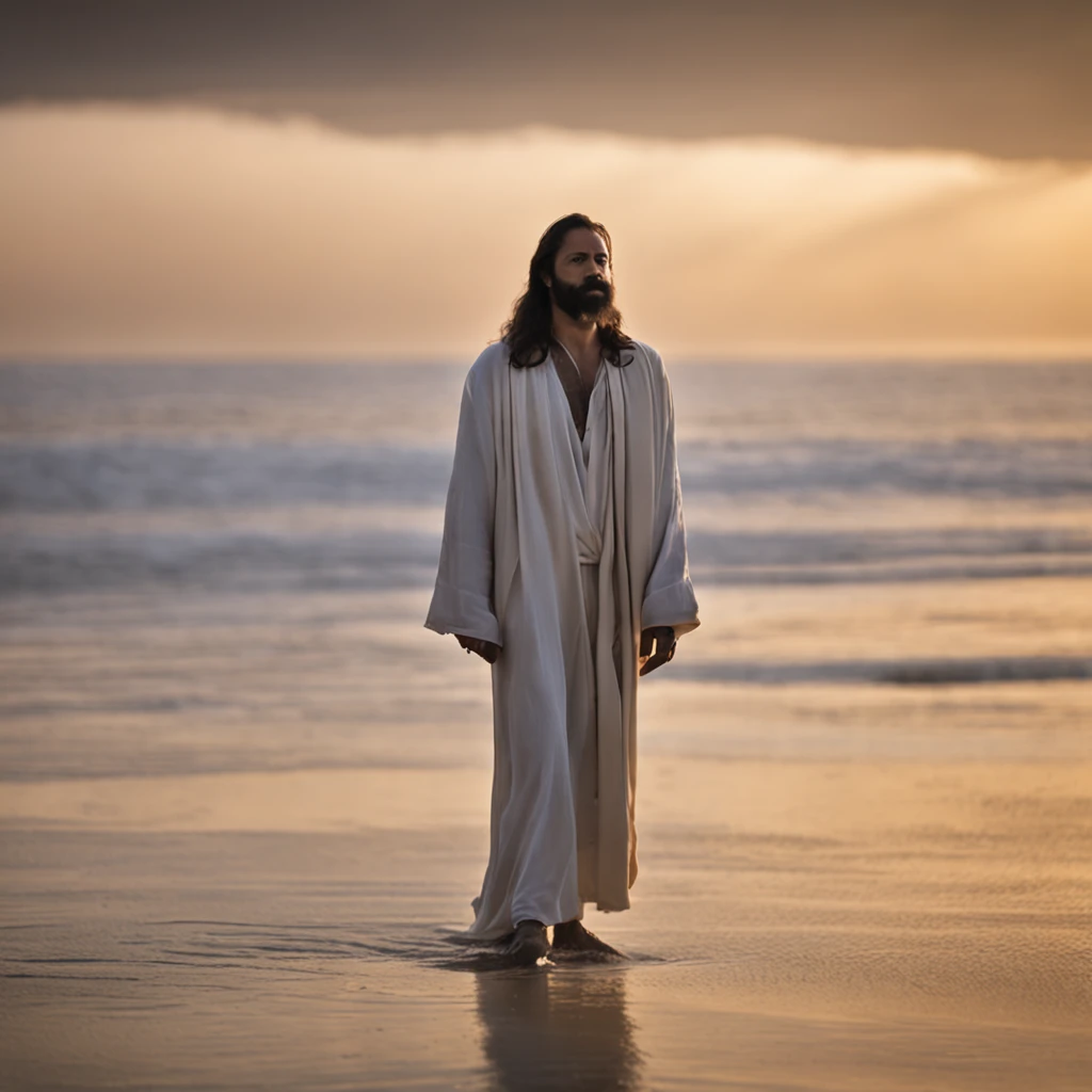 Jesus Christ standing on the beach, olhando para o horizonte do mar. He wears a white tunic with a golden band at the waist. His face has an expression of peace and wisdom. The wind swings her long light brown hair. At his side is one of his disciples, olhando admirado para Jesus. The disciple has dark hair and beard. They're both barefoot in the soft sand. The sky at dusk is in orange and purplish hues. The sea is calm with gentle waves. The water reflects the light of the sunset in golden tones. The scene conveys tranquility and connection with nature. It is photographed with soft focus, cores vibrantes e profundidade., Thick fog on the ground, Luz azul no horizonte, Motor Unreal 5, cinemactic, Low-angle photography, motion blur, profundidade de campo, dust, Cobblestones and dirt. Arte Splash, pingando tinta. Perfect color classification. influenciado por karel Appel e jeremy mann, Full of dramatic and threatening scenes, hiper-detalhado, Beautiful, detalhes insanos, detalhes intrincados, fotografia editorial, Fotografado com uma lente de 50mm, profundidade de campo, Tilt Blur, velocidade do obturador 1/1000, F/22. Mapas de luz, super brilhante