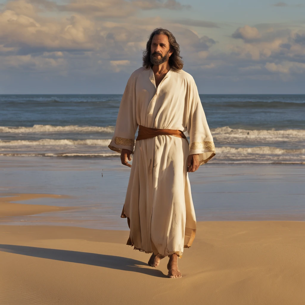 Jesus Christ standing on the beach, olhando para o horizonte do mar. He wears a white tunic with a golden band at the waist. His face has an expression of peace and wisdom. The wind swings her long light brown hair. At his side is one of his disciples, olhando admirado para Jesus. The disciple has dark hair and beard. They're both barefoot in the soft sand. The sky at dusk is in orange and purplish hues. The sea is calm with gentle waves. The water reflects the light of the sunset in golden tones. The scene conveys tranquility and connection with nature. It is photographed with soft focus, cores vibrantes e profundidade., Thick fog on the ground, Luz azul no horizonte, Motor Unreal 5, cinemactic, Low-angle photography, motion blur, profundidade de campo, dust, Cobblestones and dirt. Arte Splash, pingando tinta. Perfect color classification. influenciado por karel Appel e jeremy mann, Full of dramatic and threatening scenes, hiper-detalhado, Beautiful, detalhes insanos, detalhes intrincados, fotografia editorial, Fotografado com uma lente de 50mm, profundidade de campo, Tilt Blur, velocidade do obturador 1/1000, F/22. Mapas de luz, super brilhante
