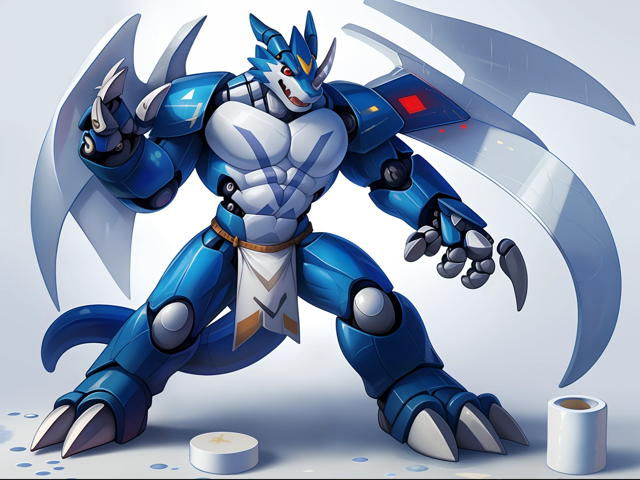 exveemon, ((lineart)), ((long loincloth,mecha,mecha \(mjstyle\))), red eyes, anthro, scalie, featureless crotch, claws, blue skin, simple background, membranous wings, muscular, horns, tail, blue body, muscular solo, nintendo, membrane (anatomy), toe claws, pokemon (creature), pokemon, hi res, white claws, wings, pokemon (species), standing, closed mouth, solo,Muscular body, imposing body,Imposing appearance, muscular arms, muscular legs, only body, trapezoid torso, sturdy body, muscular body, defined round and fleshy pecs, defined washboard ABS, defined arms
BREAK (half body photo:1.6),solo,On the right side,(8k, RAW photo, best quality, masterpiece), (realistic, photo-realistic), 8k wallpaper, masterpiece,Cinematic Lighting, best quality,dramatic angle,pwide shot,(from side:1.05) 1mecha (mjstyle), (robot:1.5), no humans,huge mecha, science fiction,white background,no humans, white,fighting stance, (porcelain (materials):1.6), (metal(materials):1.4)