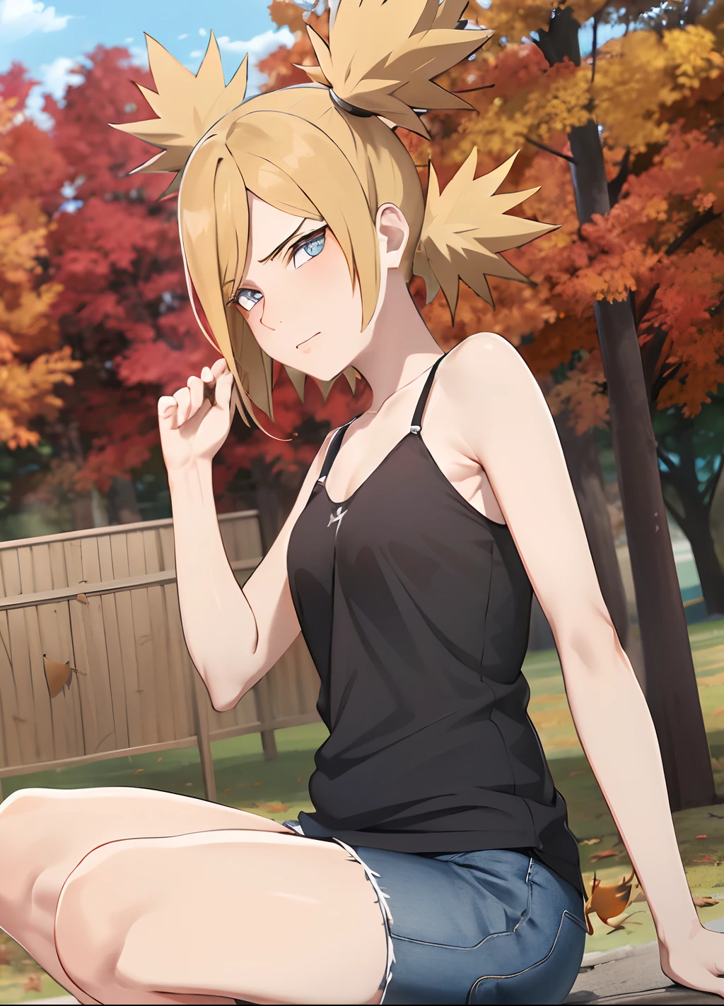Meisterwerk, absurdres , (Komplizierte Details), (bunt),Filmische Beleuchtung,bust shot,extrem detailliertes CG Unity 8k Wallpaper,Lehrplan\(Boruto\), 1girls, reifes Weibchen,Tanktop,jeans, sitzend, al fresco, (falling leaves:1.3), Herbstlaub, (Herbst), Sonnenlicht, Ahornbaum, Gescheitelte Lippen,Wind, Blick auf den Betrachter,