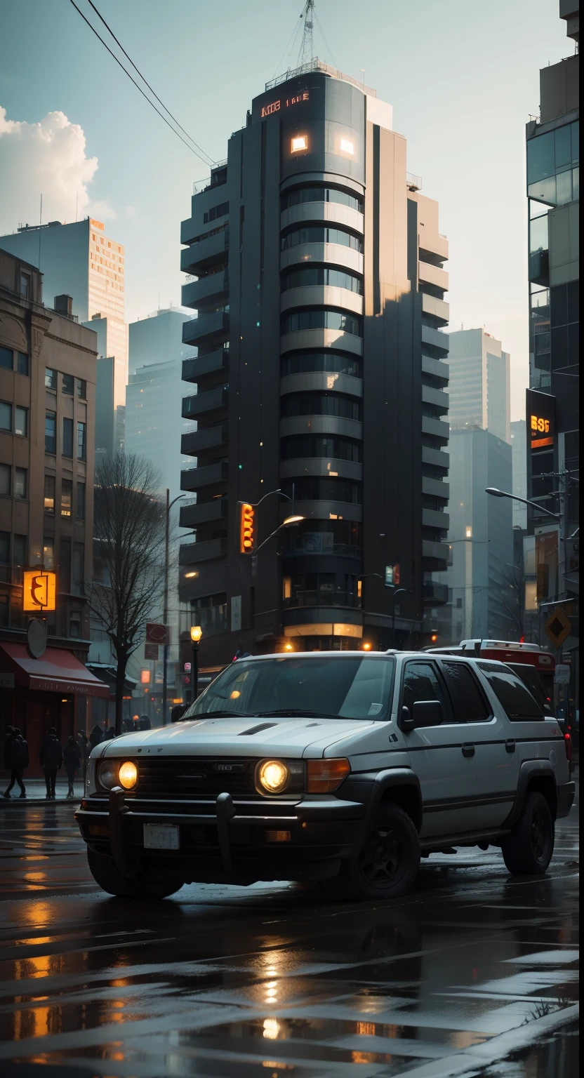 There are lights on the building behind
