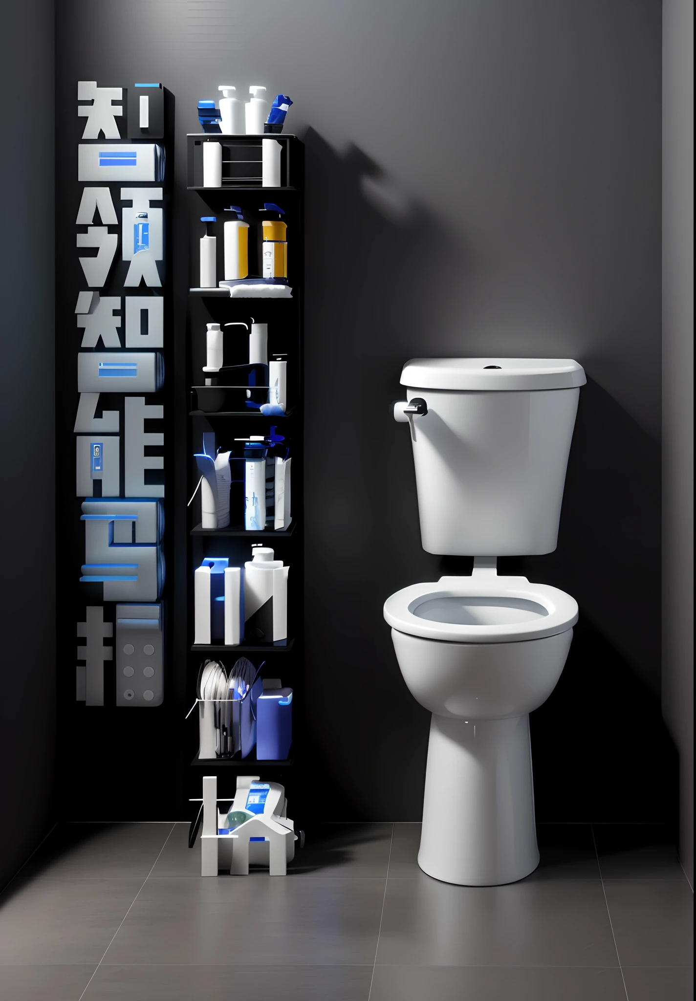 There is a toilet in the bathroom,There are shelves for cleaning supplies inside, gaming toilet, RGB Gamer toilet, gaming chair as a toilet, Product rendering, Product photo, product introduction photos, toilet, 3 d product render, highly photographic render, high resolution product photo, semi - realistic render, realistic cinema 4 d render, depicted as a 3 d render, arte mista