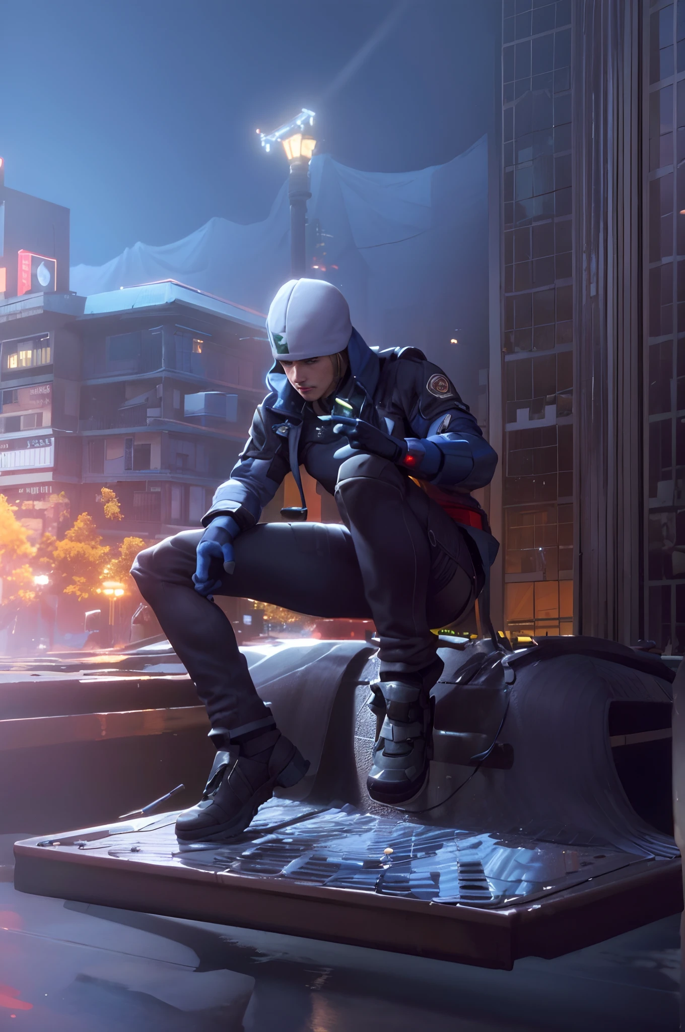 There's a man sitting on a bench in a town, hero pose colorful city lighting, Steep, Captura de tela do videogame de 2020, estilo de espelho\Borda, pose, um hiper realista, jogos, jogabilidade ainda, Arte Promocional, detailed high resolution, Jogo CG, Captura de tela do videogame, posando para uma luta intrincada, Cyberpunk Rua Goon