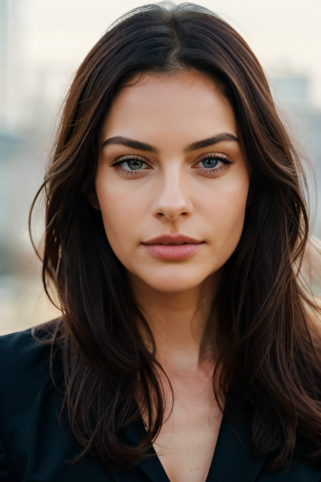 Executive woman, long straight dark hair, wearing a thin and elegant suit, front view, very detailed, 30 years, natural wave hair, blue eyes, high-res, masterpiece, best quality, intricate details, highly detailed, sharp focus, detailed skin, realistic skin texture, texture, detailed eyes, professional, 4k, Canon shot, 85mm, shallow depth of field, Kodak vision color, perfect fit body, extremely detailed, photo_\(ultra\), photorealistic, realistic, post-processing, maximum detail, roughness, real life, ultra realistic, photorealism, photography, 8k uhd, photography (grain of film) medium shot for closeup shot atmospheric dark lighting