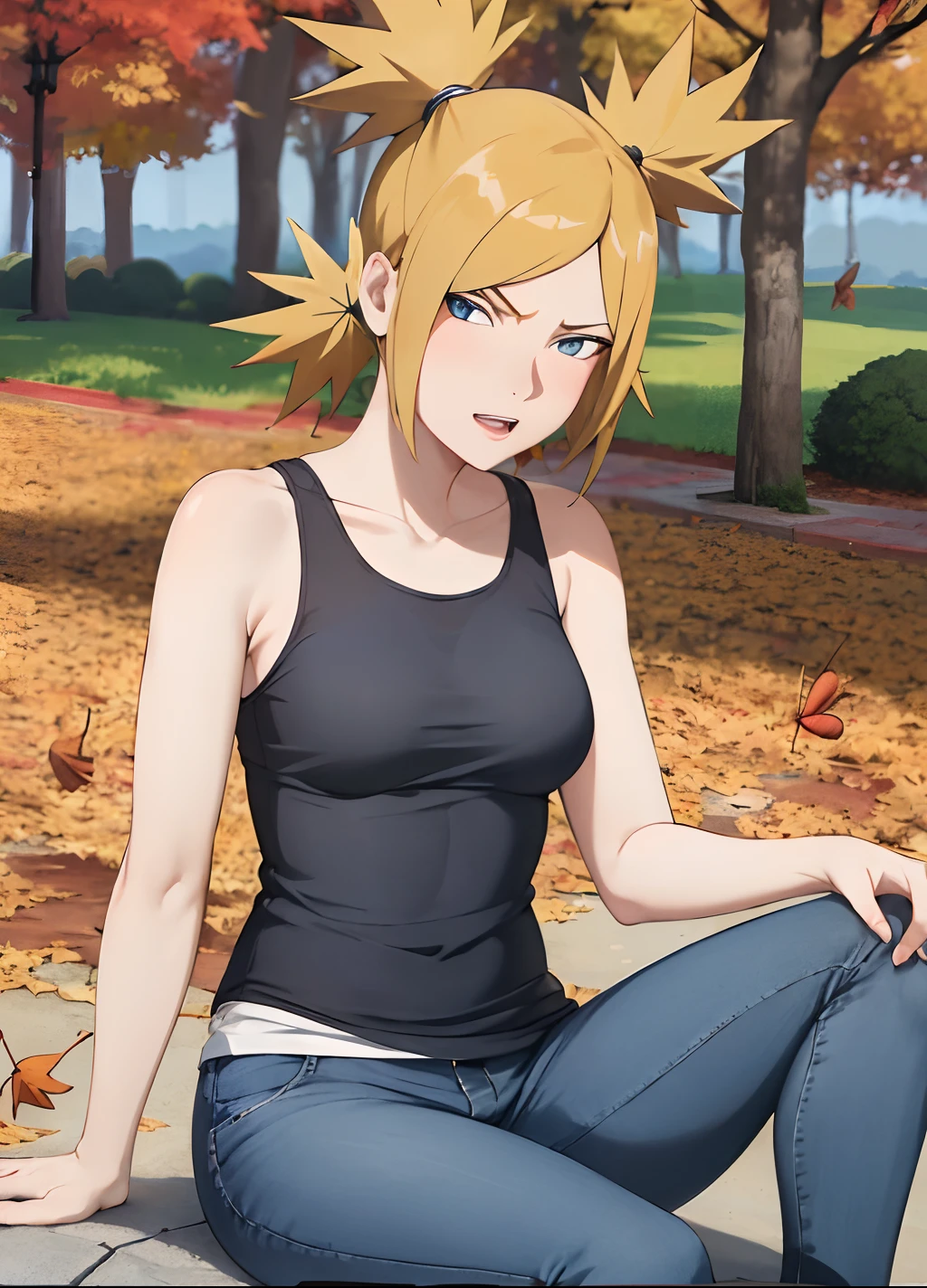 Meisterwerk, absurdres , (Komplizierte Details), (bunt),Filmische Beleuchtung,bust shot,extrem detailliertes CG Unity 8k Wallpaper,Lehrplan\(Boruto\), 1girls, reifes Weibchen,Tanktop,jeans, sitzend, al fresco, (falling leaves:1.3), Herbstlaub, (Herbst), Sonnenlicht, Ahornbaum, Gescheitelte Lippen,Wind, Blick auf den Betrachter,