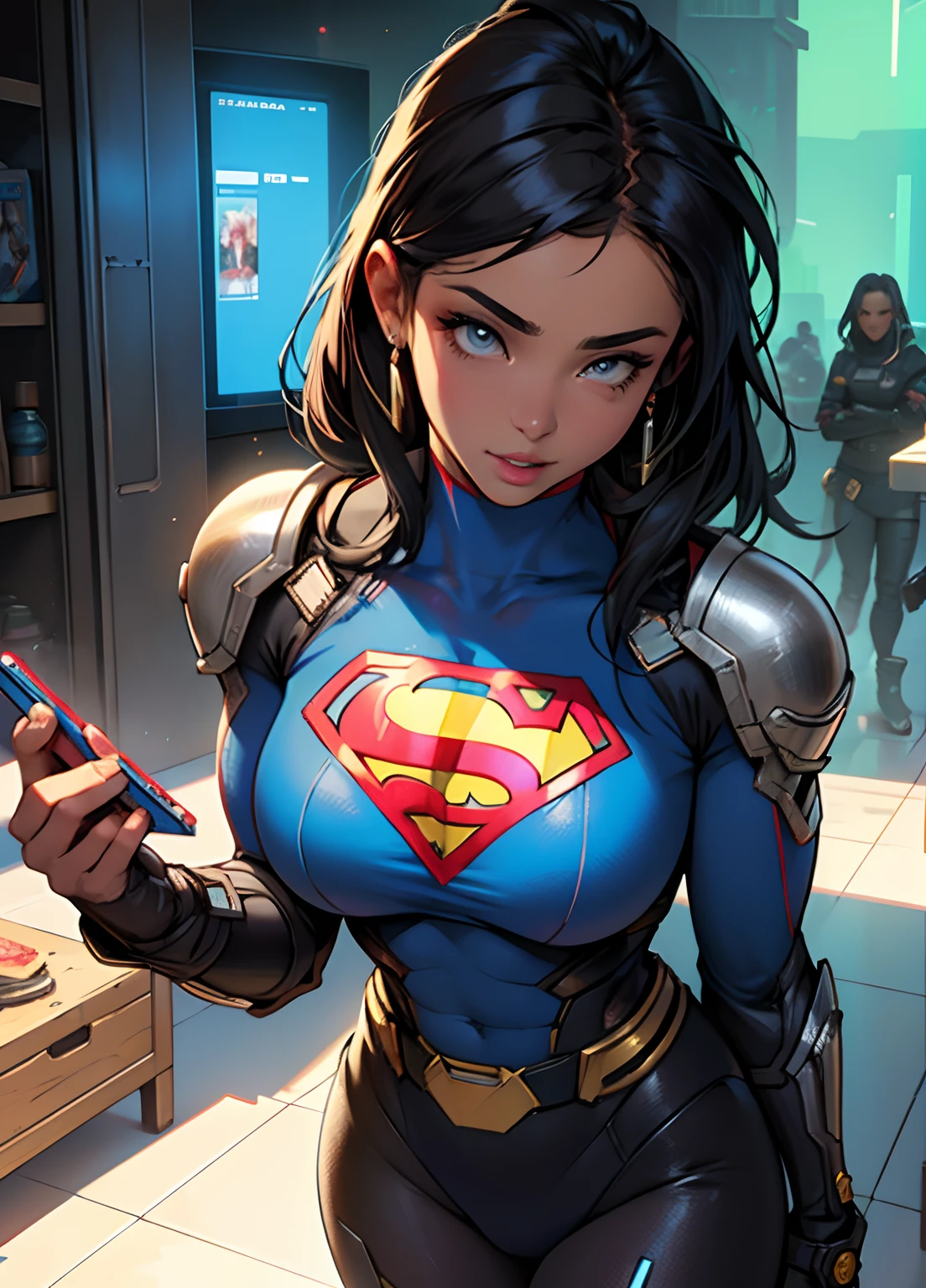Supergirl pele molhada, (pele branca), pale skinned, juicy lips, (cabelo totalmente loiro encaracolado), Grandes olhos azuis, peito inchado, juicy lips, abdominais, estilo futurista cyberpunk branco. corpo perfeito, hand perfect, perfect feet. (Loira cyberpunk), cordas cyberpunk brancas, (golden breastplates), meias transparentes brancas cyberpunk. Ela deitada em uma cama futurista em StarCraft cyberpunk futurista preto e branco. Ler um tablet, toca o cabelo, visible whole body, Supergirl Cyberpunk Superheroine Costume. com letra S do superman ao fundo. , mulher loira, sem nenhum defeito.