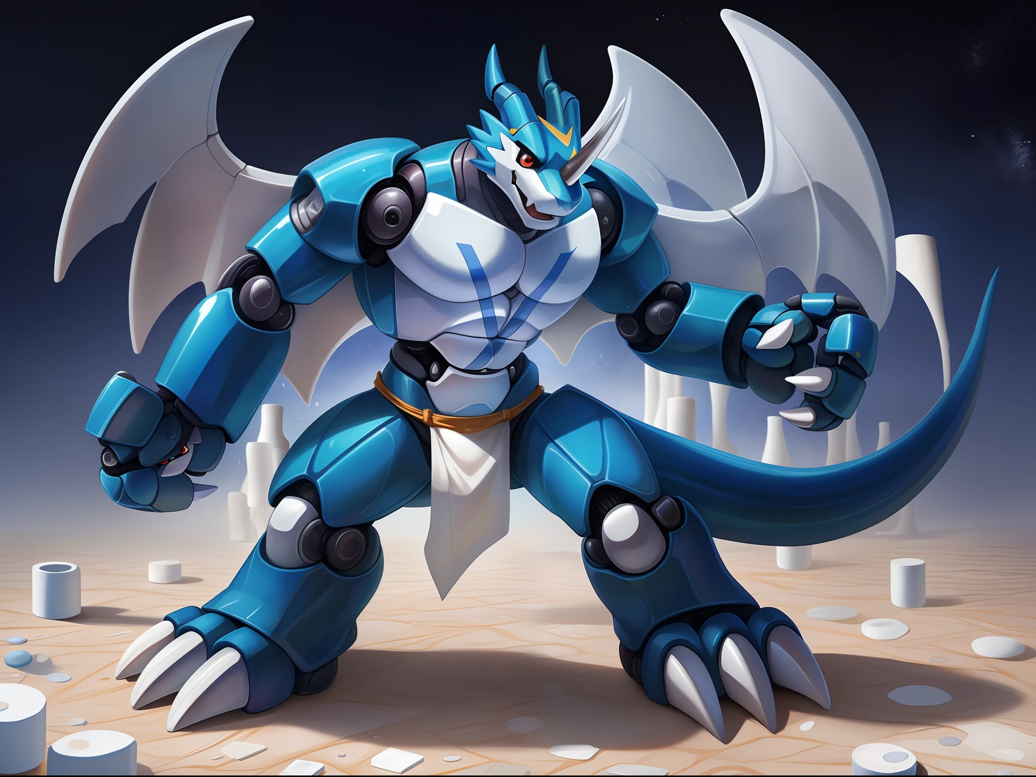 exveemon, ((lineart)), ((long loincloth,mecha,mecha \(mjstyle\))), red eyes, anthro, scalie, featureless crotch, claws, blue skin, simple background, membranous wings, muscular, horns, tail, blue body, muscular solo, nintendo, membrane (anatomy), toe claws, pokemon (creature), pokemon, hi res, white claws, wings, pokemon (species), standing, closed mouth, solo,Muscular body, imposing body,Imposing appearance, muscular arms, muscular legs, only body, trapezoid torso, sturdy body, muscular body, defined round and fleshy pecs, defined washboard ABS, defined arms BREAK (half body photo:1.6),solo,On the right side,(8k, RAW photo, best quality, masterpiece), (realistic, photo-realistic), 8k wallpaper, masterpiece,Cinematic Lighting, best quality,dramatic angle,pwide shot,(from side:1.05) 1mecha (mjstyle), (robot:1.5), no humans,huge mecha, science fiction,white background,no humans, white,fighting stance, (porcelain (materials):1.6), (metal(materials):1.4)