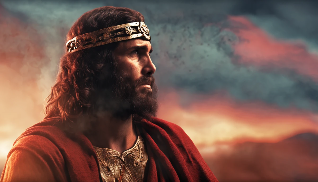 O rosto do Jesus Cristo com chamas de fogo ao fundo da imagem ((imagem epica)), ((alta qualidade))