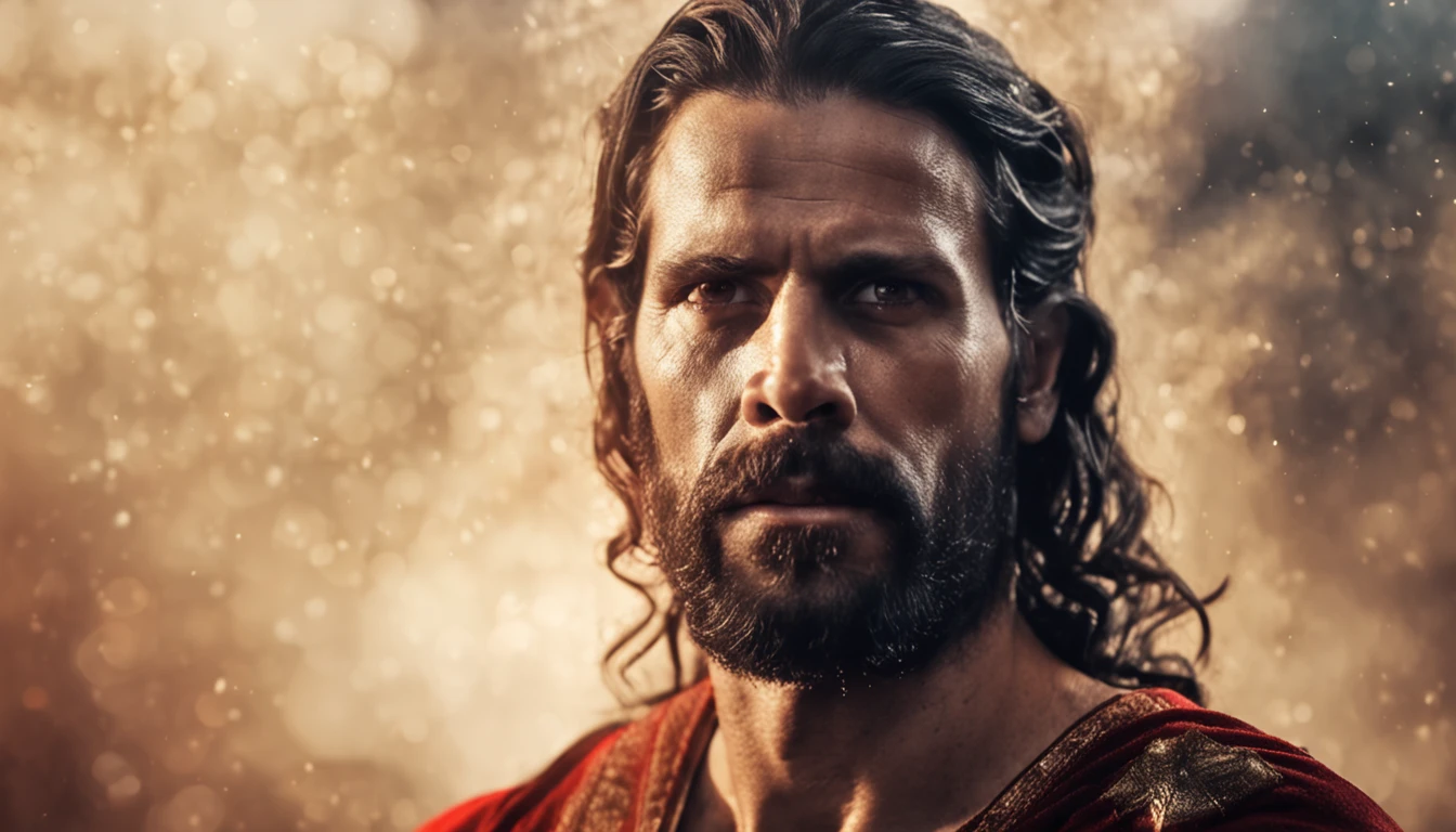 O rosto do Jesus Cristo com chamas de fogo ao fundo da imagem ((imagem epica)), ((alta qualidade))
