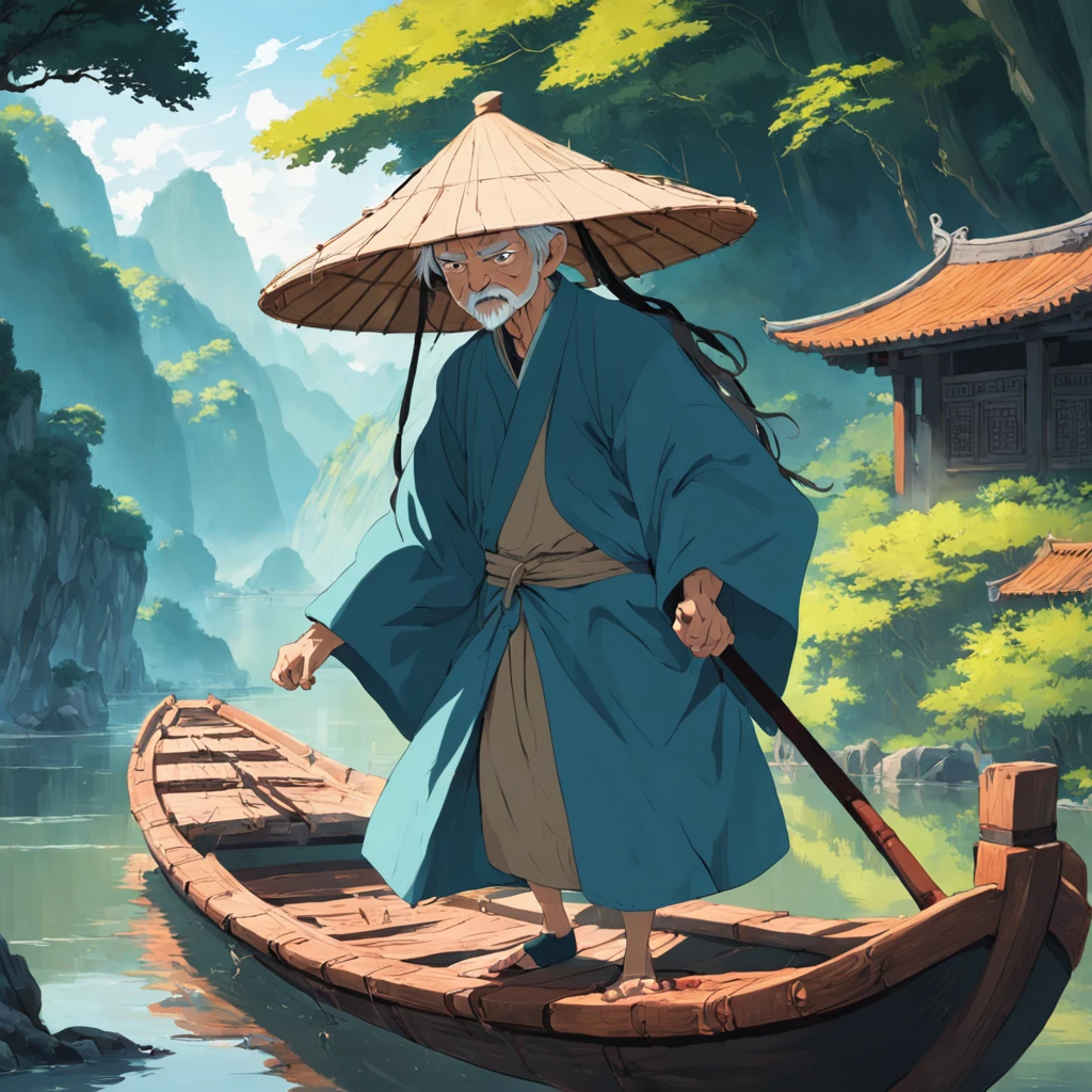 8K, best quality, masterpiece, anime style,panorama,from side,In ancient China,river,boat,an old man in a coir raincoat stood at boat, rowing with wood pulp.