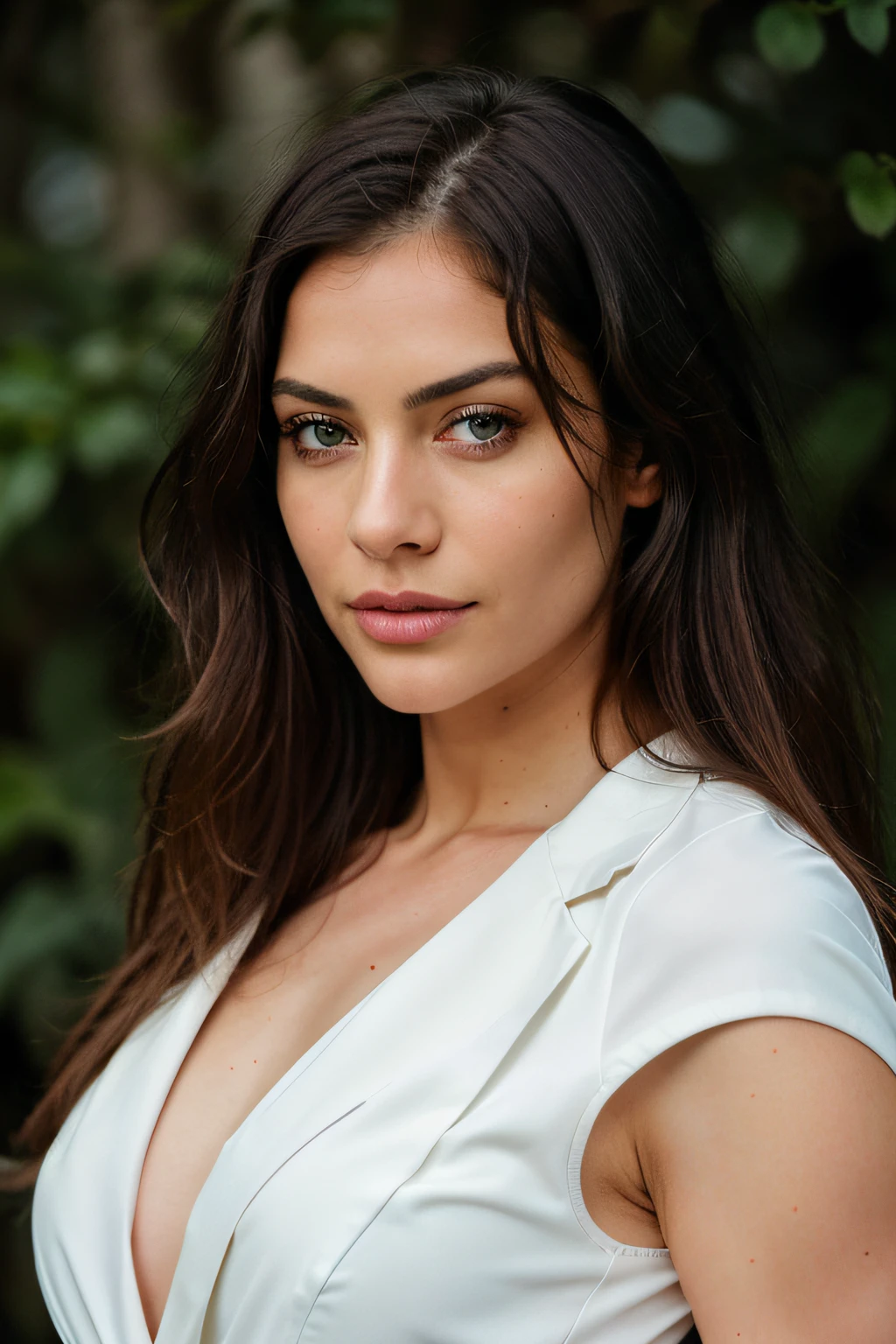 Executive woman, long straight dark hair, wearing a thin and elegant suit, front view, very detailed, 30 years, natural wave hair, blue eyes, high-res, masterpiece, best quality, intricate details, highly detailed, sharp focus, detailed skin, realistic skin texture, texture, detailed eyes, professional, 4k, Canon shot, 85mm, shallow depth of field, Kodak vision color, perfect fit body, extremely detailed, photo_\(ultra\), photorealistic, realistic, post-processing, maximum detail, roughness, real life, ultra realistic, photorealism, photography, 8k uhd, photography (grain of film) medium shot for closeup shot atmospheric dark lighting