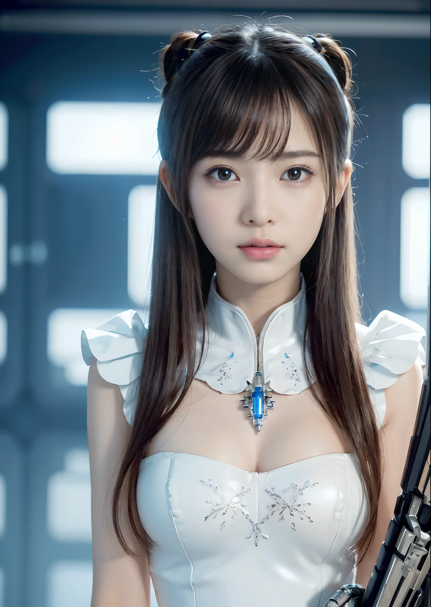 NSFW,((top-quality、in 8K、masterpiece:1.3))Wearing a silvery-white mech,Girl with a delicate face,The highest image quality,ultraclear,Facial features are delicate and clear,Armageddon,machine arms,exquisitedetails,(cammel toe)、Mechanical pattern,cyberpunked