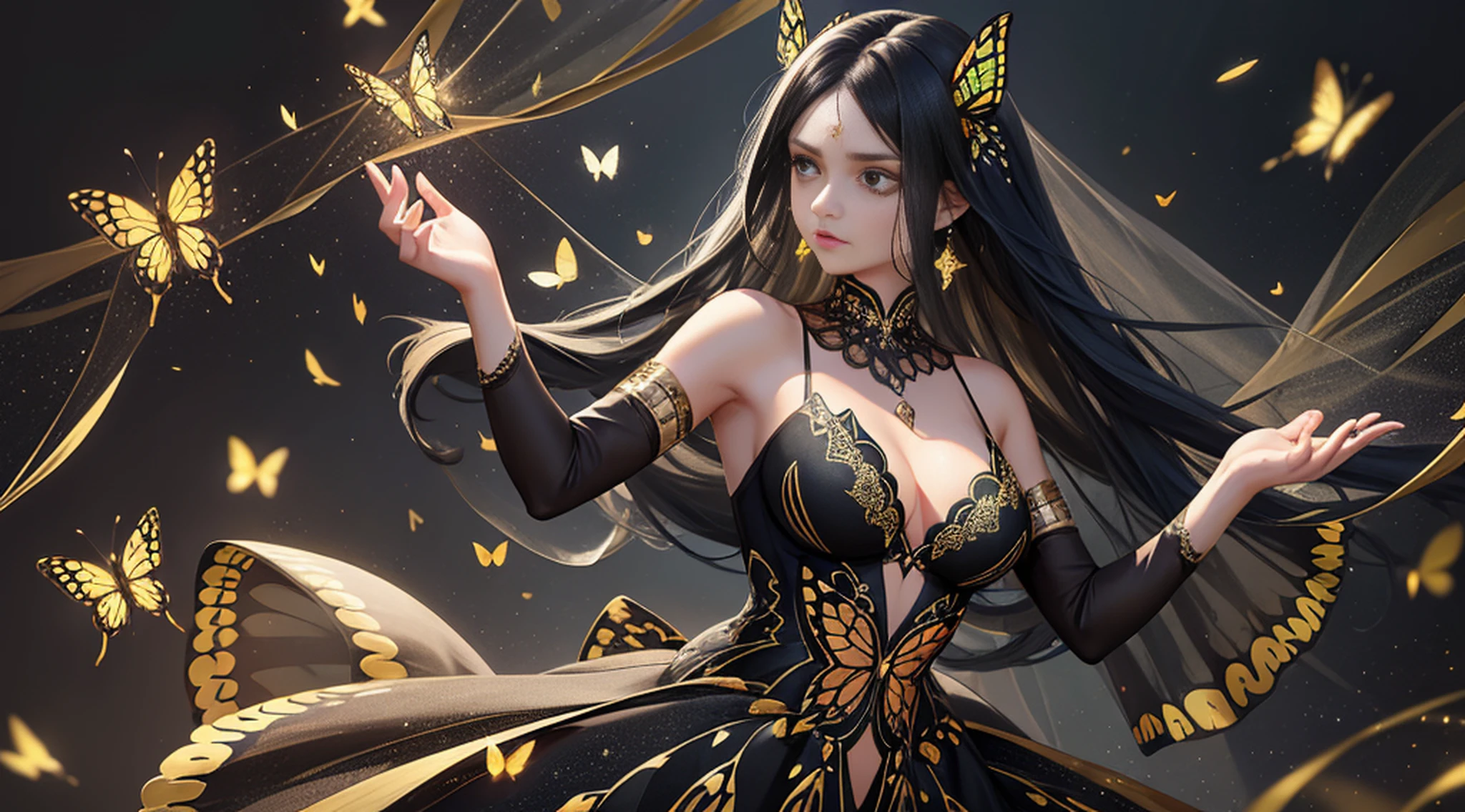 1 girl, black hair, long hair, black tulle dress, gold sequin embellishment on clothes, butterfly shape pattern on clothes, a large group of butterflies around her, night, fireflies, ballet pose,
