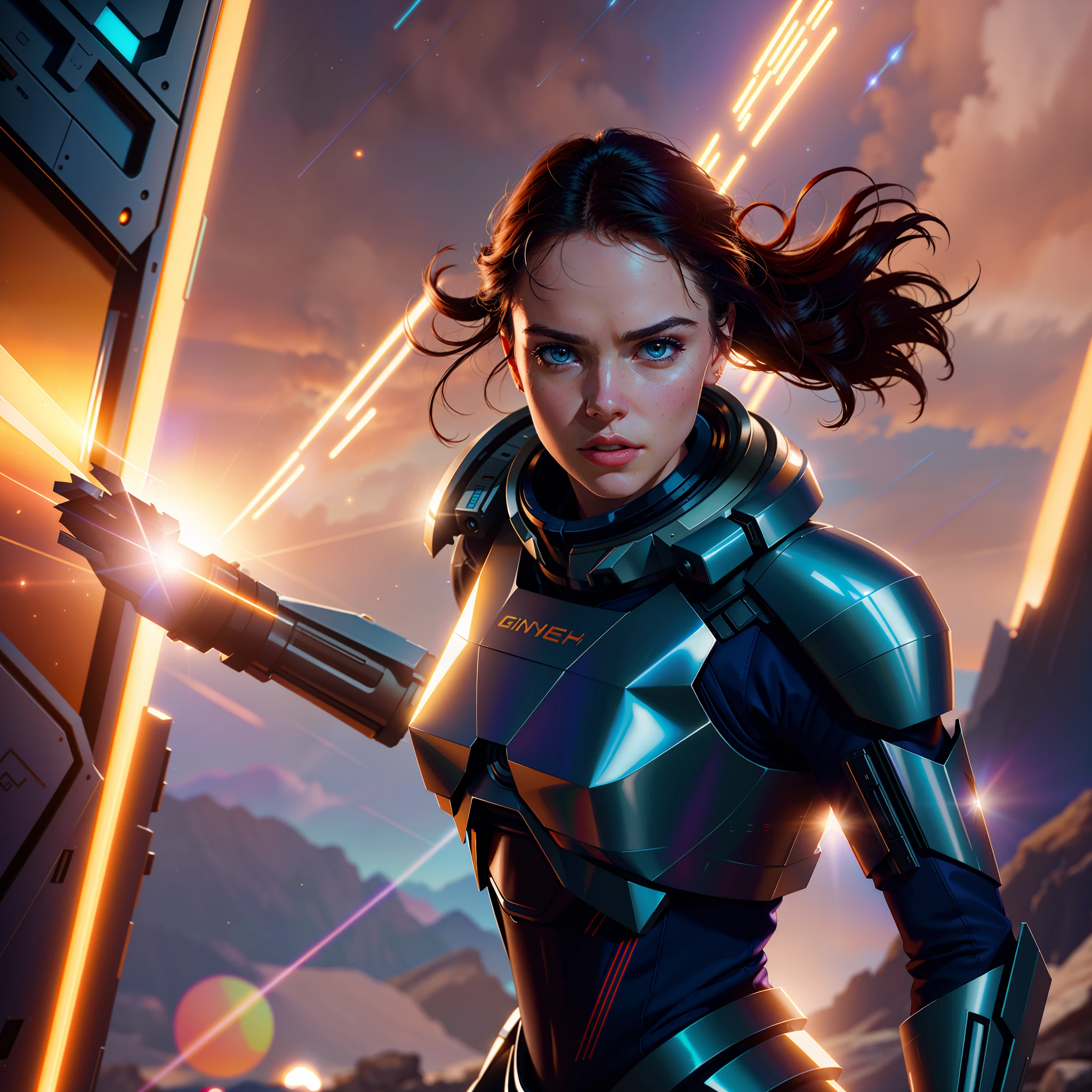 a close up action of epic Sci fi hot Daisy Ridley in a sci fi white tech suit clothes cabelos longos brancos, Detailed clothing details, Liquid effect, space, heavenly body, Interstellar battlefield photography, natural light, photorealism, cinematic rendering, ray tracing, the highest quality, the highest detail, Cinematic, Third-Person View, Blur Effect, Long Exposure, 8K, Ultra-HD, Natural Lighting, Moody Lighting, Cinematic Lighting