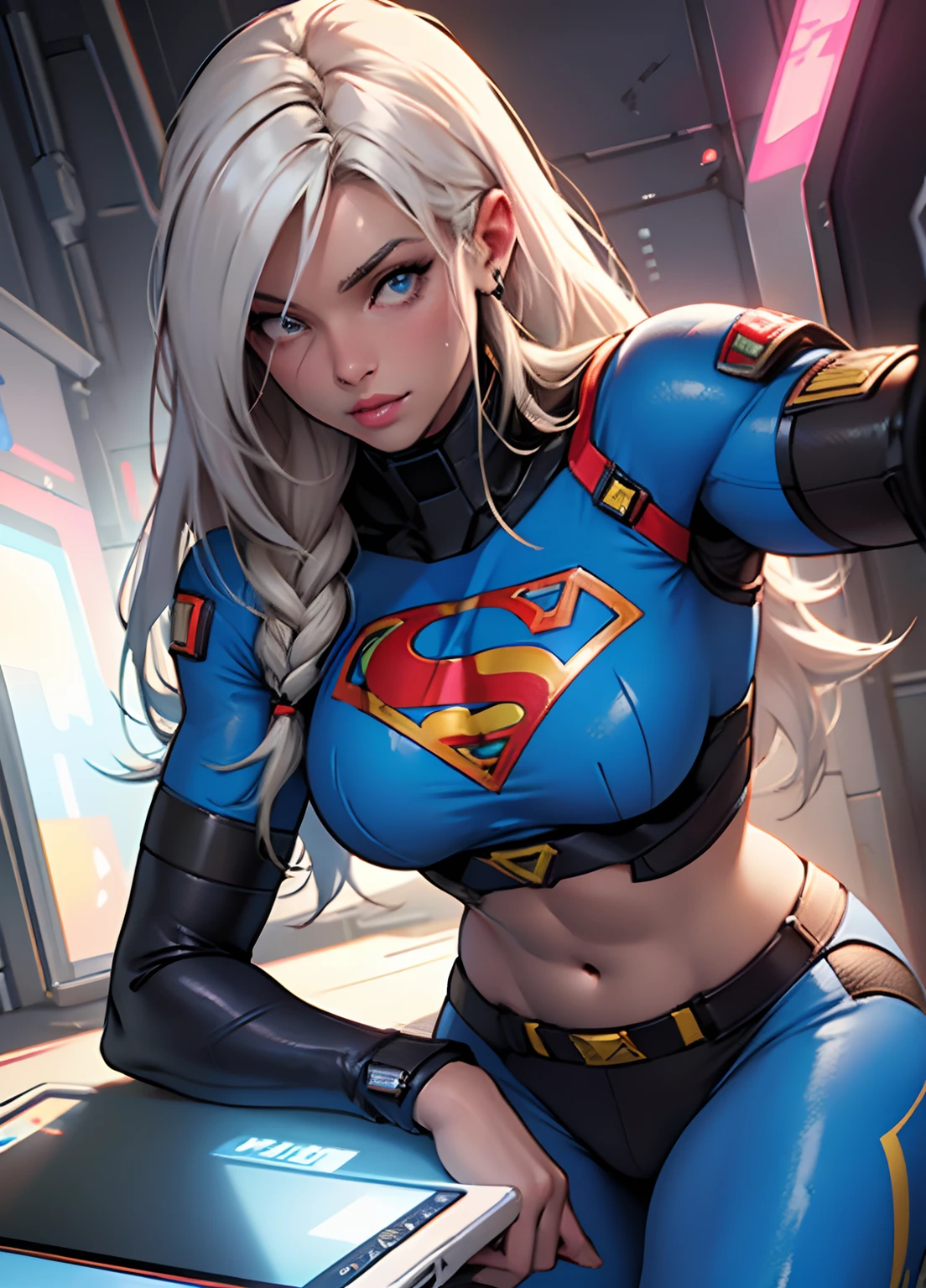 Supergirl pele molhada, (pele branca), pale skinned, juicy lips, (cabelo totalmente loiro encaracolado), Grandes olhos azuis, peito inchado, juicy lips, abdominais, estilo futurista cyberpunk branco. corpo perfeito, hand perfect, perfect feet. (Loira cyberpunk), cordas cyberpunk brancas, (golden breastplates), meias transparentes brancas cyberpunk. Ela deitada em uma cama futurista em StarCraft cyberpunk futurista preto e branco. Ler um tablet, toca o cabelo, visible whole body, Supergirl Cyberpunk Superheroine Costume. com letra S do superman ao fundo. , mulher loira, sem nenhum defeito.