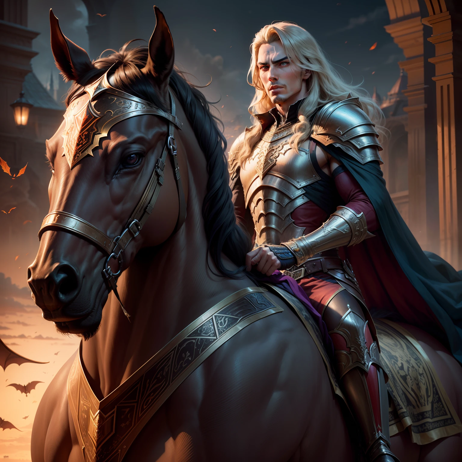 Castlevania Shadow Lord hyper realistic super detailed beautiful muscular Moroccan armor super realistic super detailed Brilliant armor eyes crystal eyes riding great Legendary horse super detailed