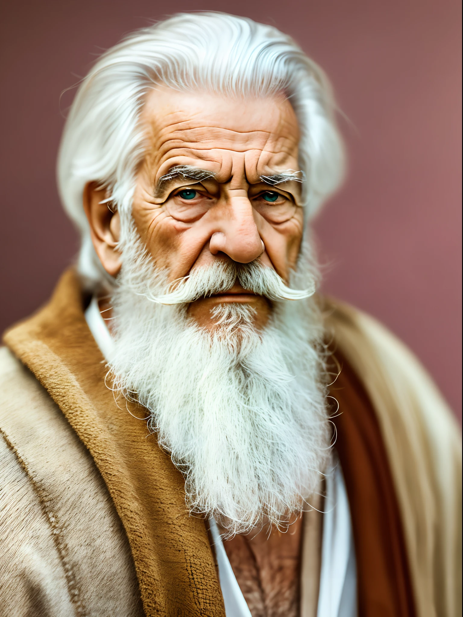 A realistic photo of an elderly Greek philosopher with beards and white hair, com rosto sereno