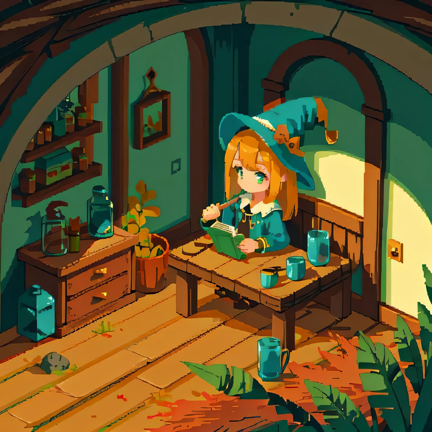 a girl,Witch,In the cabin,Small wooden table,sitting on a wooden chair,Reading,potted plant,Magic Hat,Magic Wand,forest,
