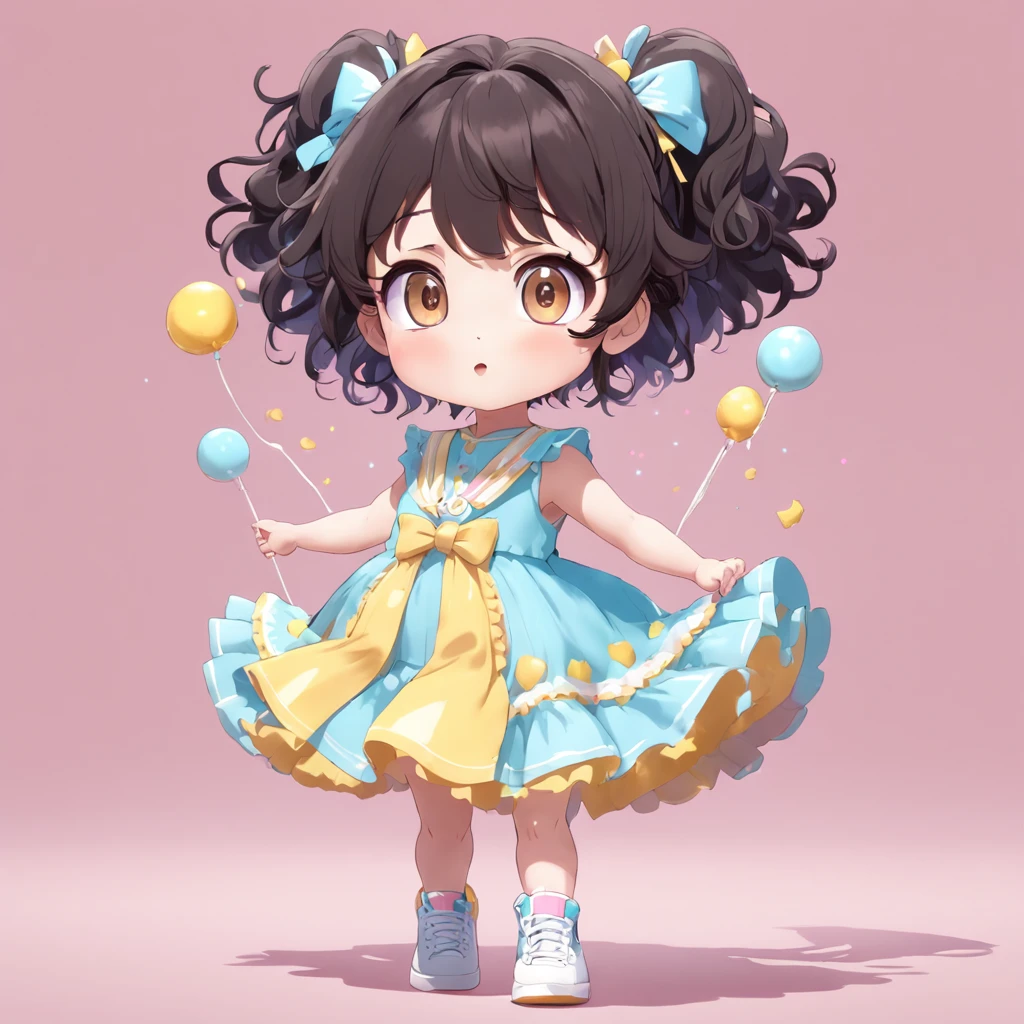 cute, chibi, a , light skin, brown eyes, short black curly hair, yellow pink and blue pastel color party dress with candy designs, white sneakers, portrait, 3D rendering, high quality, ( plain background), (perfect hands), (full body), female, 8k