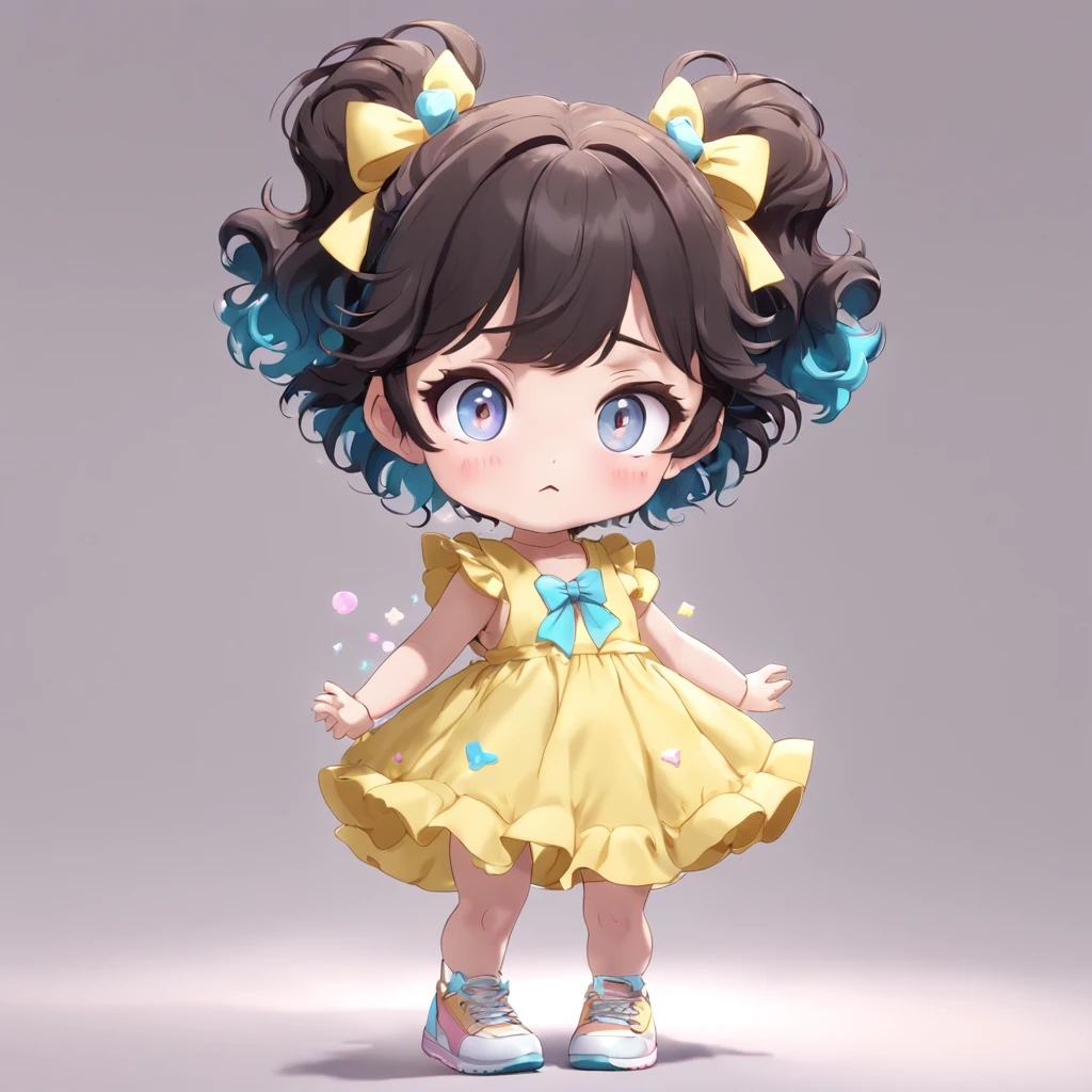 cute, chibi, a little baby girl, light skin, brown eyes, short black curly hair, yellow pink and blue pastel color party dress with candy designs, white sneakers, portrait, 3D rendering, high quality, ( plain background), (perfect hands), (full body), female, 8k