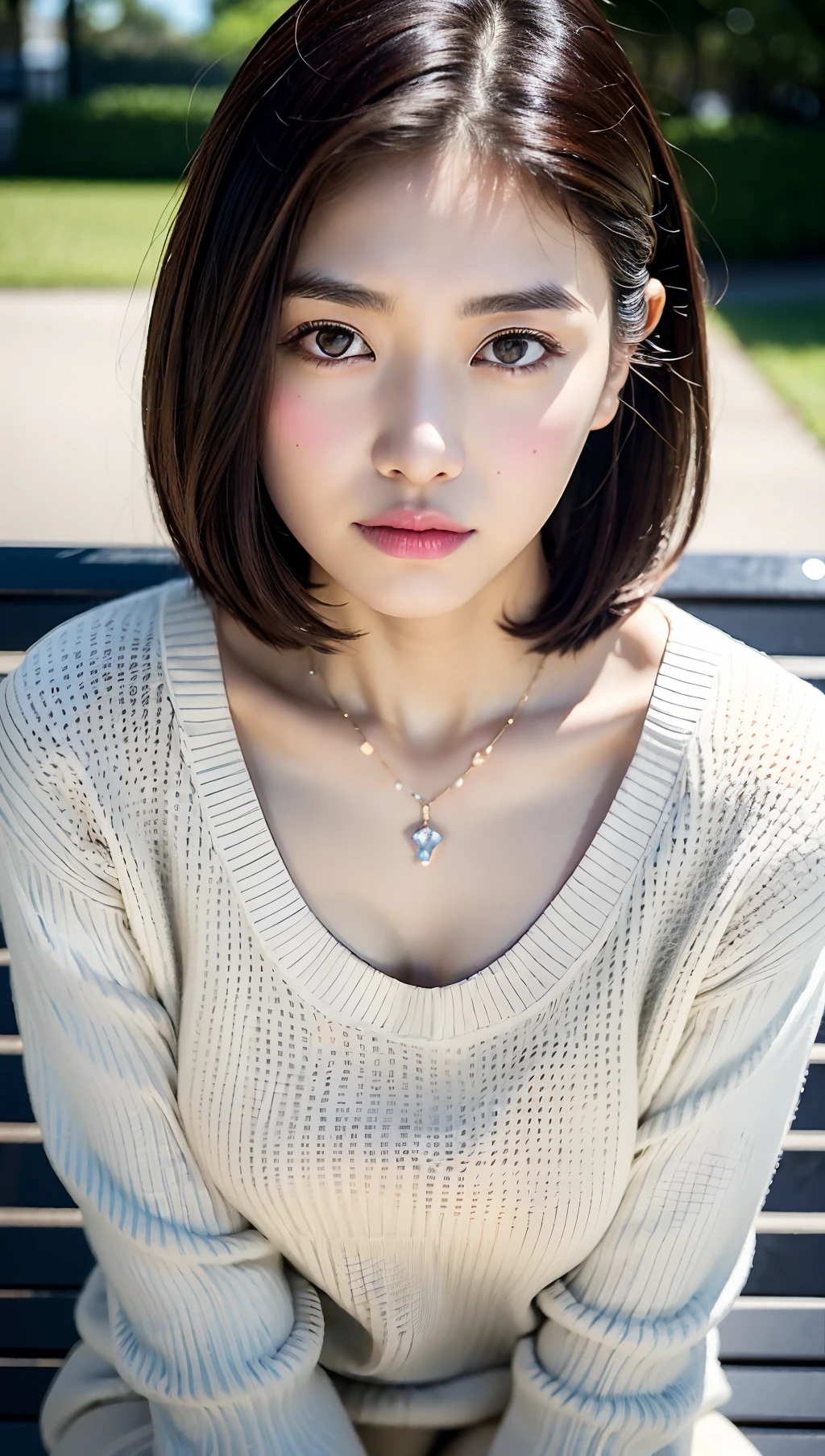 (top-quality、8k、32k、​masterpiece、UHD:1.2)、Photo of a cute Japanese woman、large full breasts、very short bobbed hair、The upper part of the body、sface focus、oversized_sweater、Diamond Necklace、Sit on a park bench、From  above、looking at the viewers、