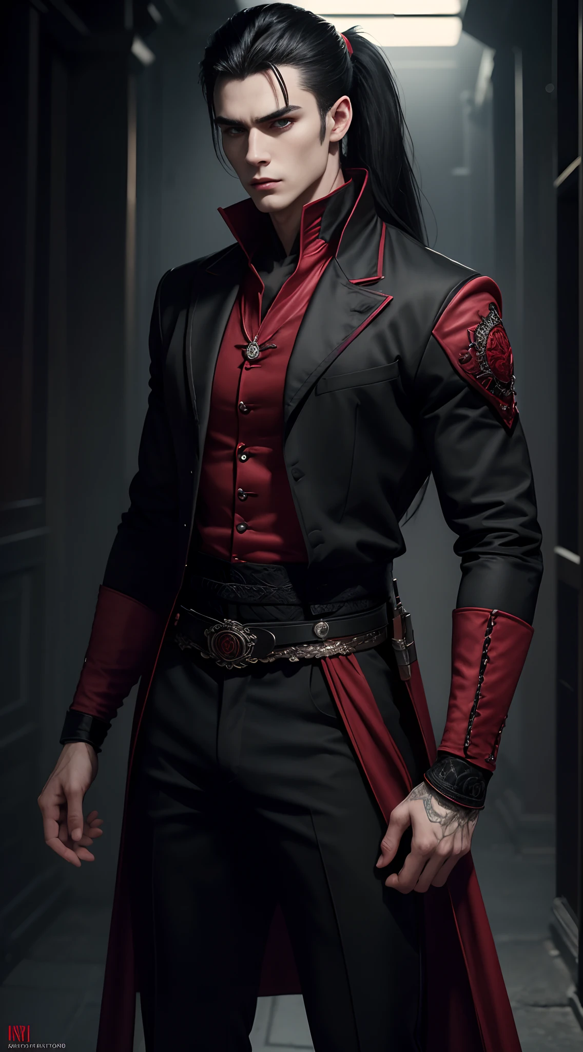 a handsome 25 years old male vampire hunter with ponytail black hair, pale skin, serious looking, wearing a red and black casual outfit and black pants, waist up shot, dynamic pose, ambient lighting, photo realism, intricate face detail, intricate hand details, highly detailed, vibrant colors, cinematic, high definition, trending on Artstation--style raw