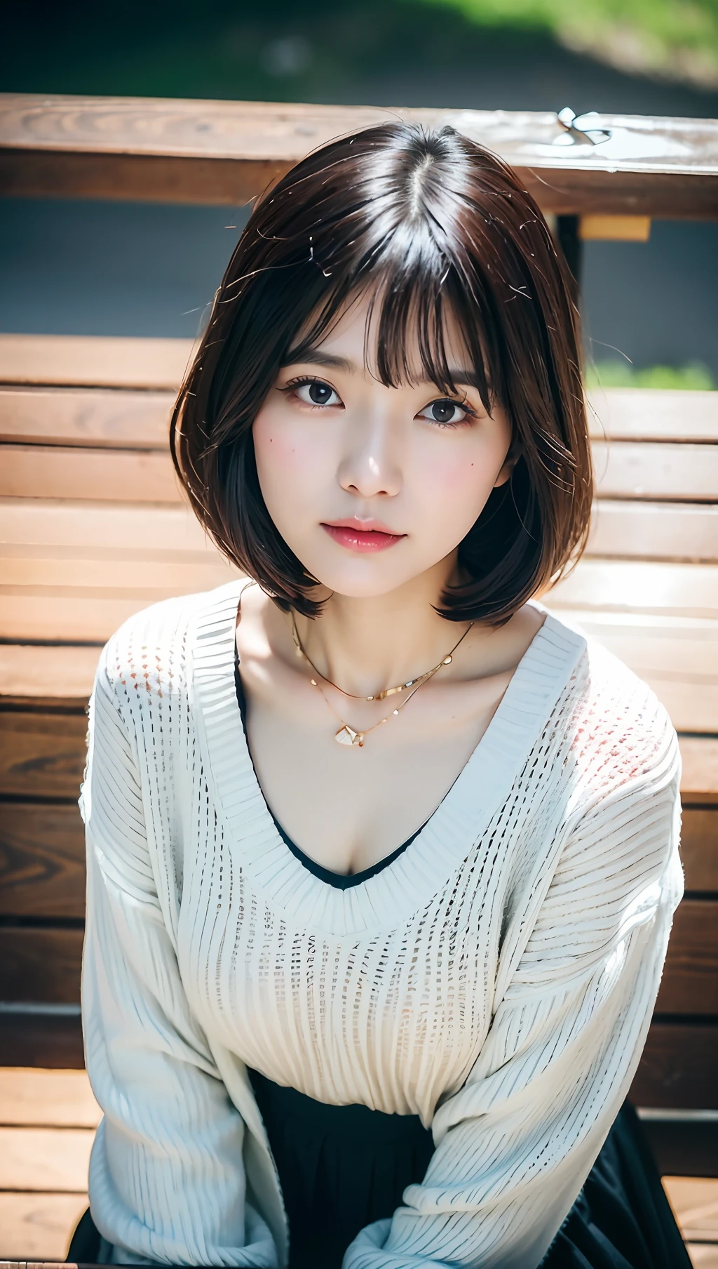 (top-quality、8k、32k、masterpiece、UHD:1.2)、Photo of a cute Japanese woman、large full breasts、very short bobbed hair、The upper part of the body、sface focus、oversized_sweater、Diamond Necklace、Sit on a park bench、From above、looking at the viewers、