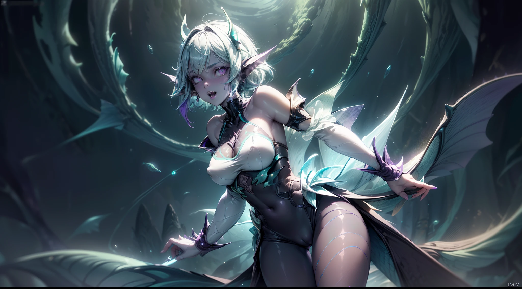 aqua goddess {amphibia|fish|shark|reptile} girl, 1girl, perfect and well designed glowing shiny eyes, (beautiful detailed eyes:1.05), natural breasts, slim body, beautiful and delicate face, (face detail), ((realistic face)), pores, ((pale blue skin)), detailed skin, realistic skin, (((bioluminescence))), (((white-skinned))), ((shiny skin)), ((glowing speckles on skin)), (pointy ears), (fangs:1.5), (fins:1.7), (spikes:1.5), (multicolored gradation skin), ((((blue scales body)))), (villus on skin body:1.4), human face, ((monster girl)), medium length hair, hair voluminous, (((((multicolored gradation hair))))), super high resolution, 8k, parameters Best quality, (masterpiece:1.4), (magic accessories:1.4), bracelets, extremely detailed thick tight ({nylon|lycra}, {latex|vynil}:1.5) colorful (green, purple:1.6) clothing, (microskirt:1.2), (standing nipples under cloth:1.2), (cameltoe:1.5), (ornaments on clothing), (neckline:1.3), (cleavage), decolette, navel, Young Girl, Little Beast, (Smile:0.7), (pale Blue Skin:1.8), ((tattoos all over body, Tribal tattoos all over legs)), ultra detailed, photorealistic, ((Real image)), (best quality:1.4), super high resolution, (Realistic 2.0), More details, (((1girl))), (on beach), (sunlight, sun day:1.3), (beautiful and aesthetic:1.2), (fractal art:1.4), (cinematic light:1.1), DUTCH ANGLE, 16K, HDR, RTX, Ray Tracing, Radiosity, Anisotropic Filtering, Subsurface Scattering, (((magic lights))), metallic reflections, Detailed, Realistic, 4k highly detailed digital art, (cool_color), extremely detailed CG unity 8k wallpaper, vibrant colors, (((seductive pose)))