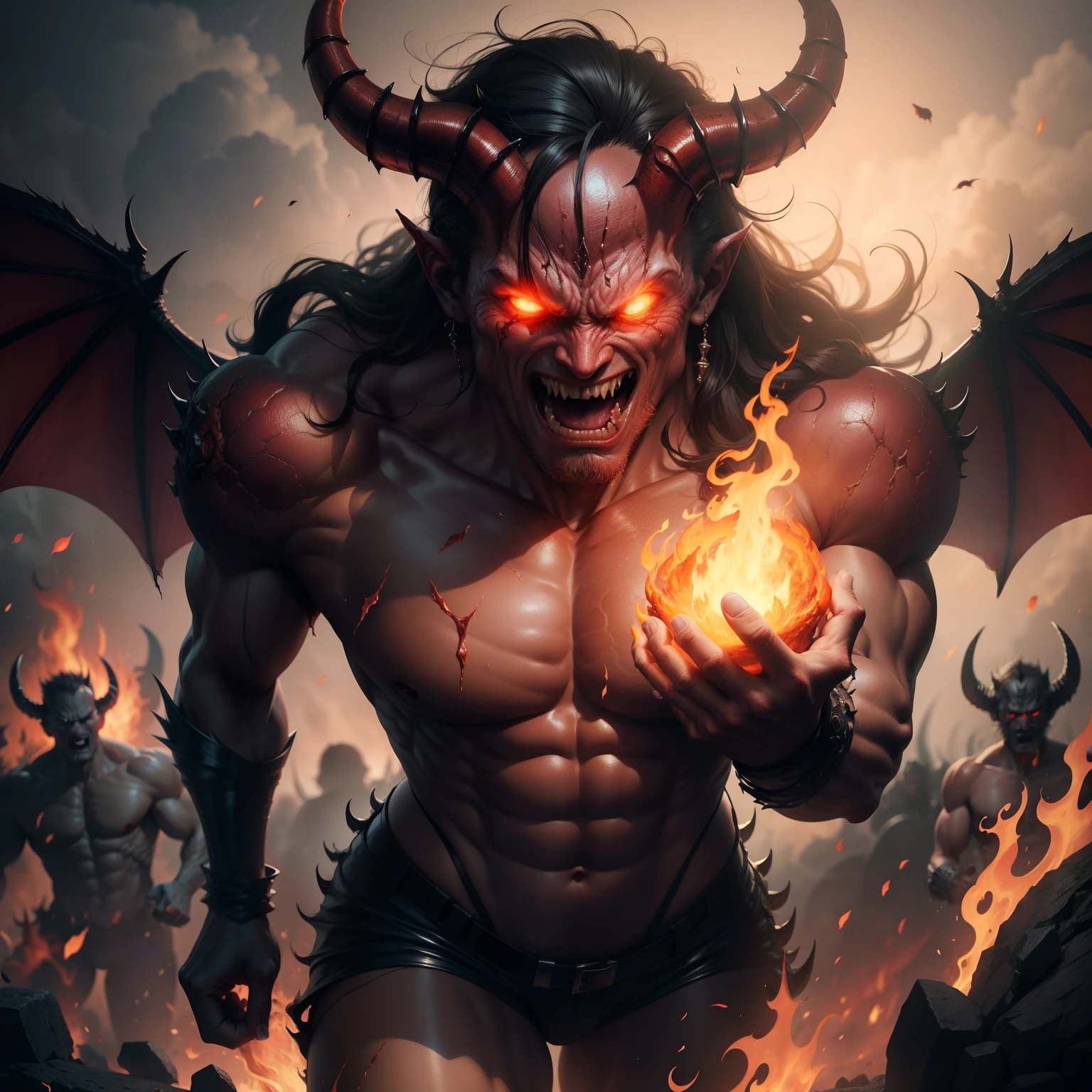 Devil in Hell with army of demons surrounding blazing fire hyper realistic
