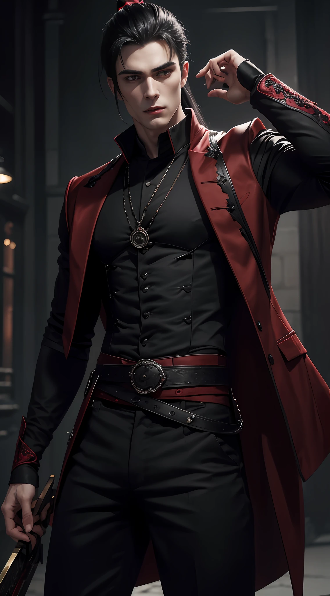 a handsome 25 years old male vampire hunter with ponytail black hair, pale skin, serious looking, wearing a red and black casual outfit and black pants, waist up shot, dynamic pose, ambient lighting, photo realism, intricate face detail, intricate hand details, highly detailed, vibrant colors, cinematic, high definition, trending on Artstation--style raw