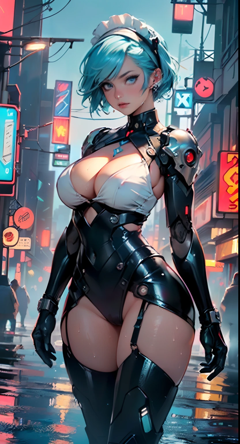 reelmech,cyborg girl,(cyborg girl:1.5),
maid android,(((1girl))),((mechanical robot girl with extremely cute and beautiful pale blue hair)),

(large breasts:1.4),saggy breasts,(((pale blue bob hair:1.35,colored inner hair,short hair,ear breathing))),(((doll))) ,((((pale blue eyes,pale white skin,doll joints:1.5,mechanical hands:1.5,silver armored dress,tesla coils,maid mechanical doll:1.5,Body of a machine,metallic skin,ball joint,no facial features,cyborg:1.5, robotic parts,robot)))),((blue eyes:1.3,upturned eyes:1.3,perfect eyes,beautiful detailed eyes,gradient eyes:1,finely detailed beautiful eyes:1,symmetrical eyes:1,big highlight on eyes:1.2)),((fat)),(((lustrous skin:1.5,bright skin: 1.5,skin tanned,shiny skin,very shiny skin,shiny body,plastic glitter skin,exaggerated shiny skin,illuminated skin, wet legs))),(spider lower abdomen,narrow waist,wide hip,detailed body,(detailed face)),(Mechanical joints: 1.4,Mechanical limbs),

cute,slutty,seductive,erotic,(((nsfw))),

(maid headdress),bare_shoulders,delicate metal decorations,Headdress,(maid),sleeveless,miniskirt,boots,cleavage_cutout,bare_legs,((wet clothes,detailed outfit,detailed clothes)),

(dynamic pose:1.0),embarrassed,(centered,scale to fit dimensions,Rule of thirds),

((((cyberpunk city by the ocean,huge buildings,neon signs,puddles)))),stormy sky,threatening sky,dark clouds,((synthwave background theme,detailed background : 1.25)),((((night,nice lighting decorations,detailed architecture)))),

(best quality,high resolution,sharp focus,ultra detailed,extremely detailed,extremely high quality artwork,(realistic,photorealistic:1.37),8k_wallpaper,(extremely detailed CG 8k),(very fine 8K CG),((hyper super ultra detailed perfect piece)),flawless,(((masterpiece))),illustration,vibrant colors,(intricate),High contrast,Selective lighting,Double exposure,HDR (High Dynamic Range),Post-processing,Background blur,