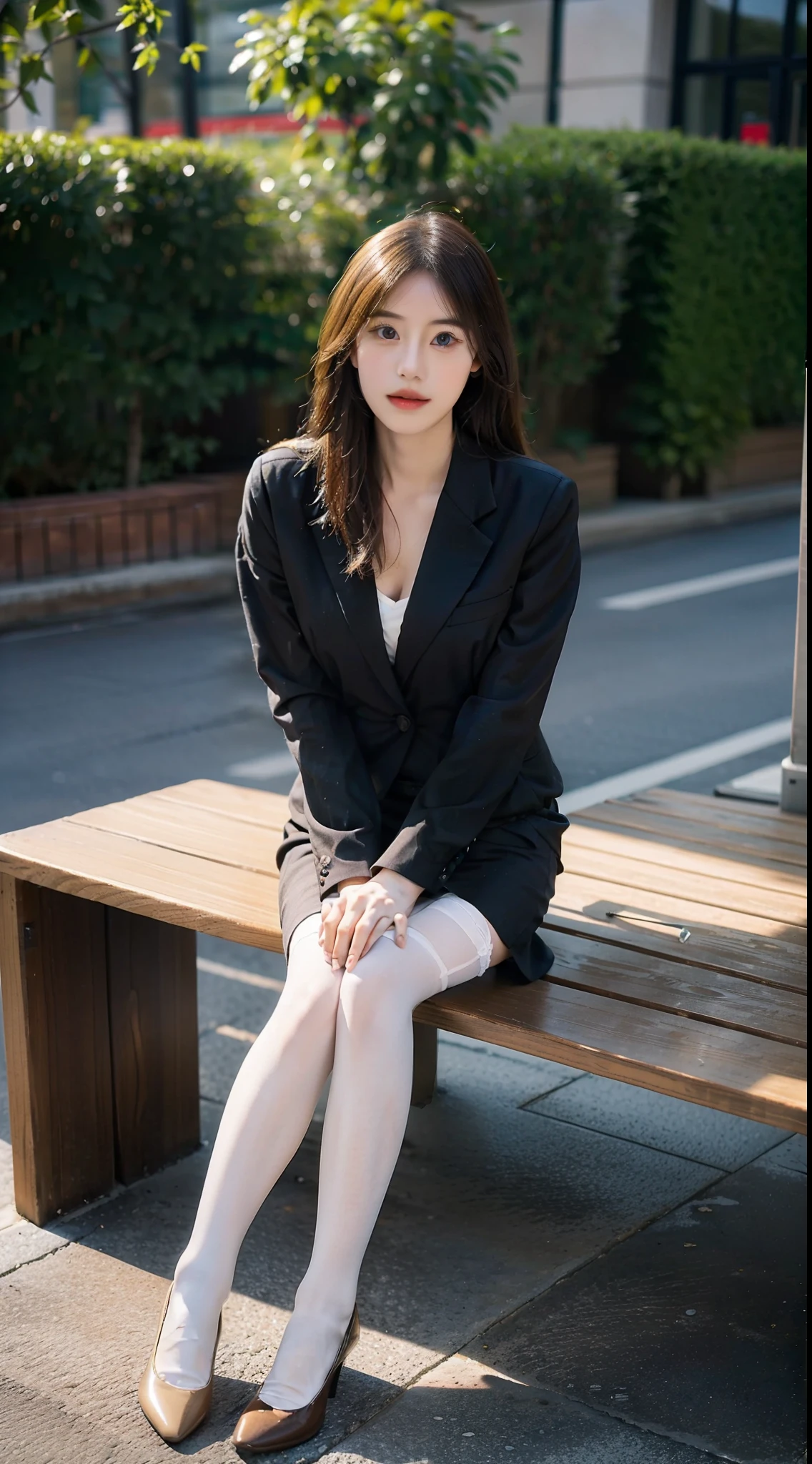 best qualtiy, Full body like,Refined face,pretty face,25 years old woman,slimfigure,Smaller bust,office lady uniform,Office wear,white stockings,Outdoor scene,Sit Pose,yellow long hair