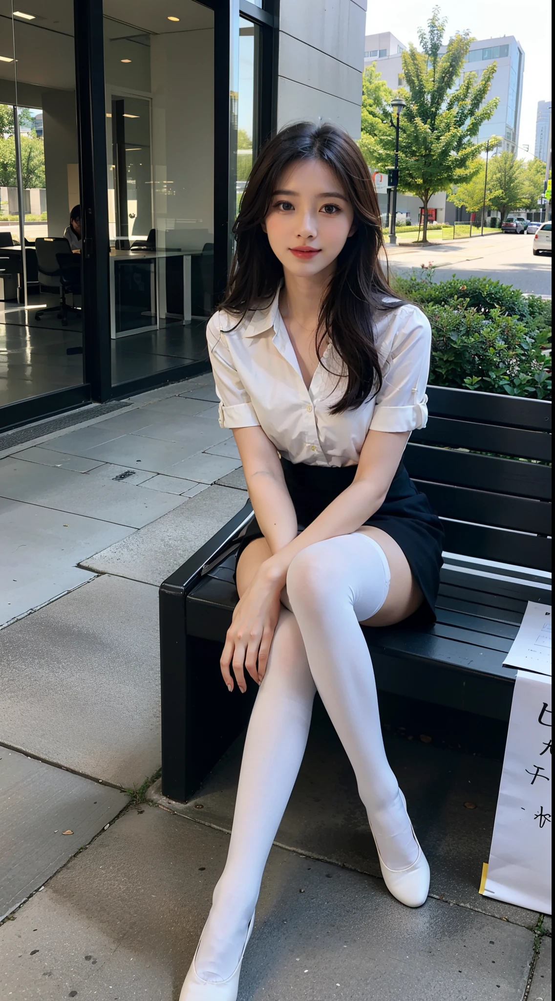 best qualtiy, Full body like,Refined face,pretty face,25 years old woman,slimfigure,Smaller bust,office lady uniform,Office wear,white stockings,Outdoor scene,Sit Pose,yellow long hair